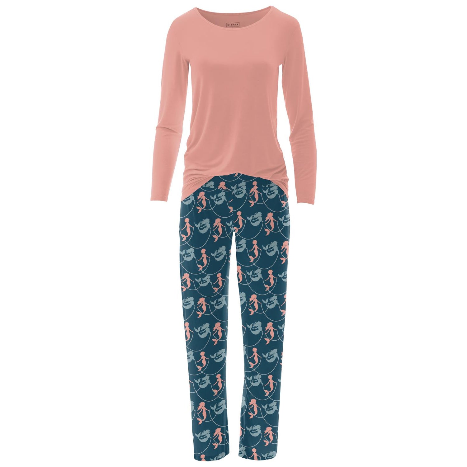 Women's Print Long Sleeve Relaxed Tee & Pajama Pants Set in Peacock Mermaids & Pearls