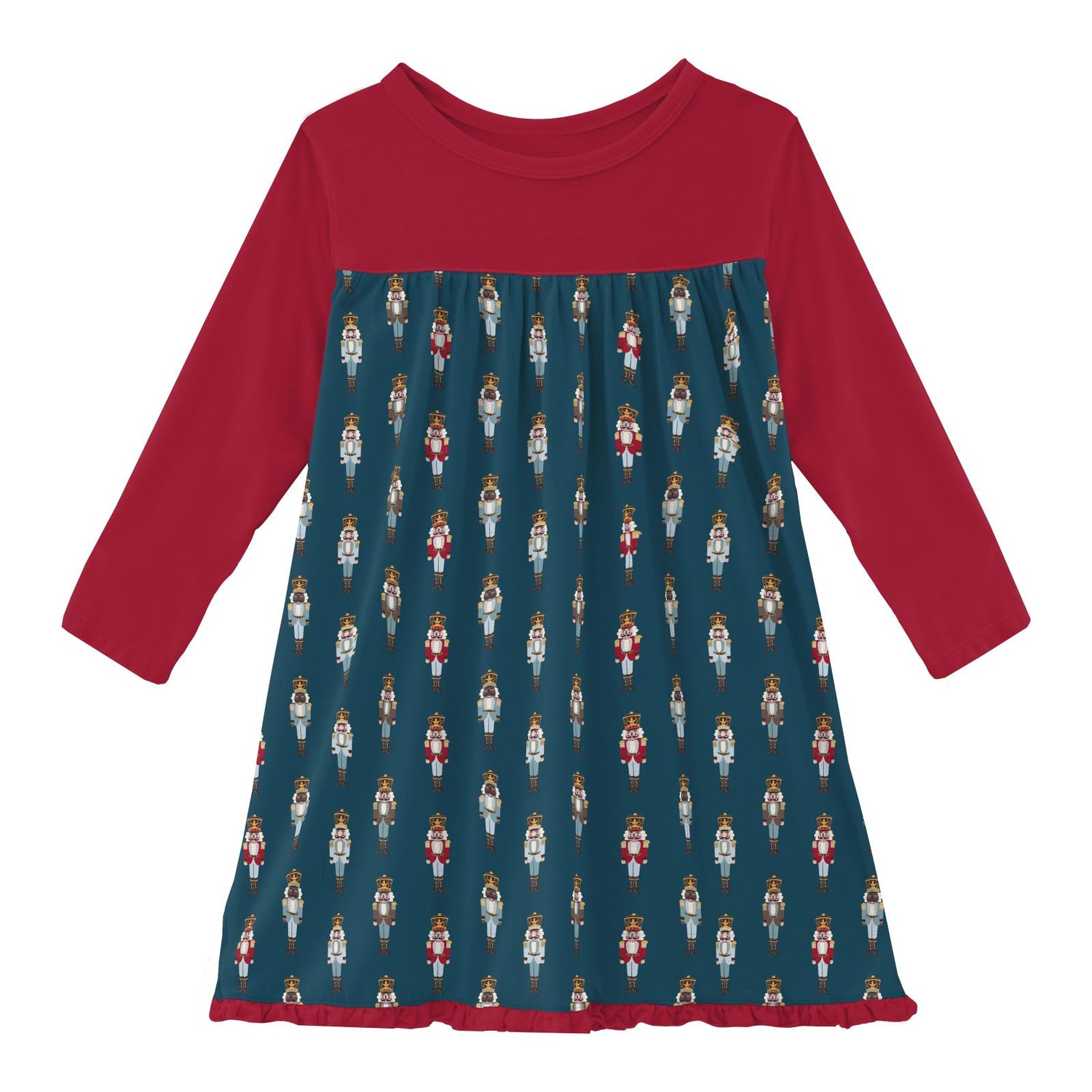 Print Classic Long Sleeve Swing Dress in Peacock Nutcrackers