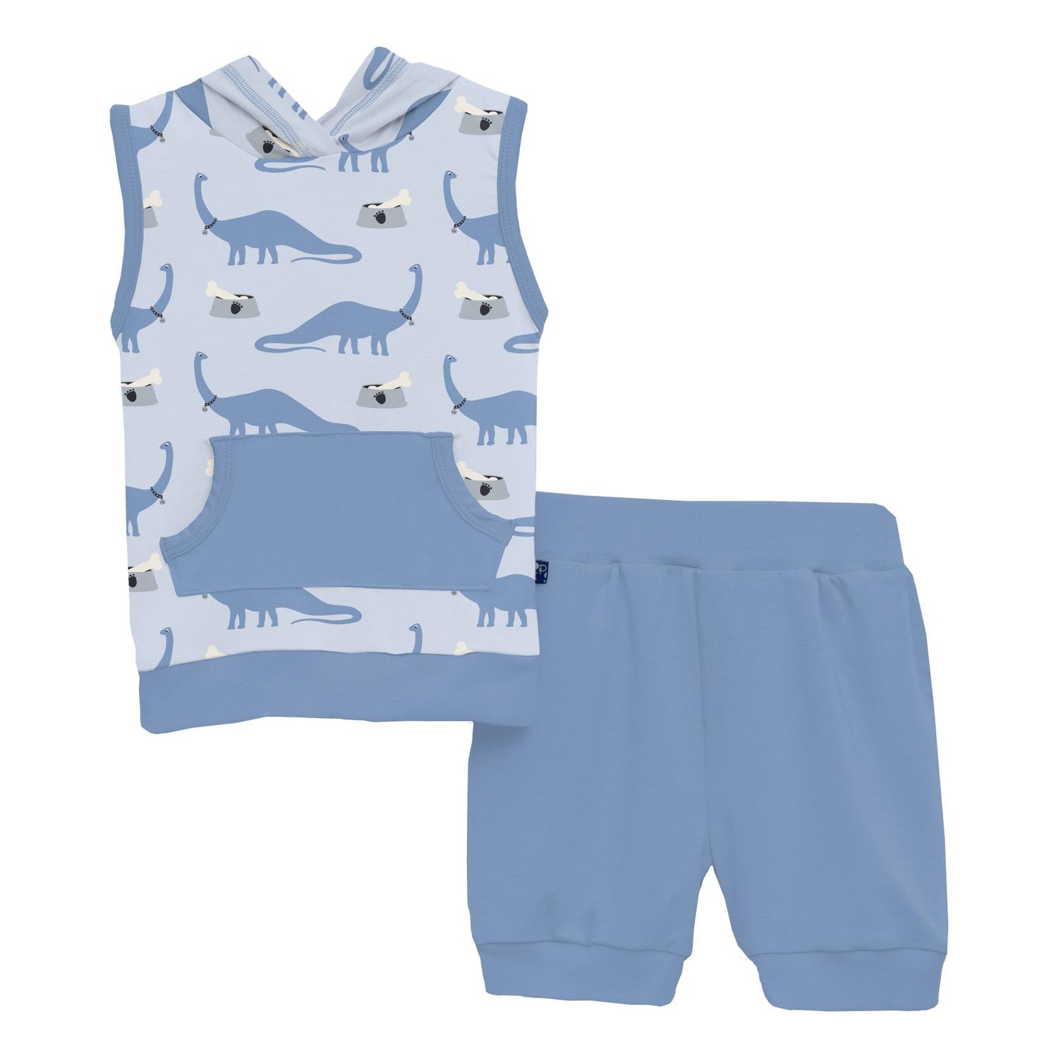 Print Short Sleeve Hoodie Tank Outfit Set in Dew Pet Dino