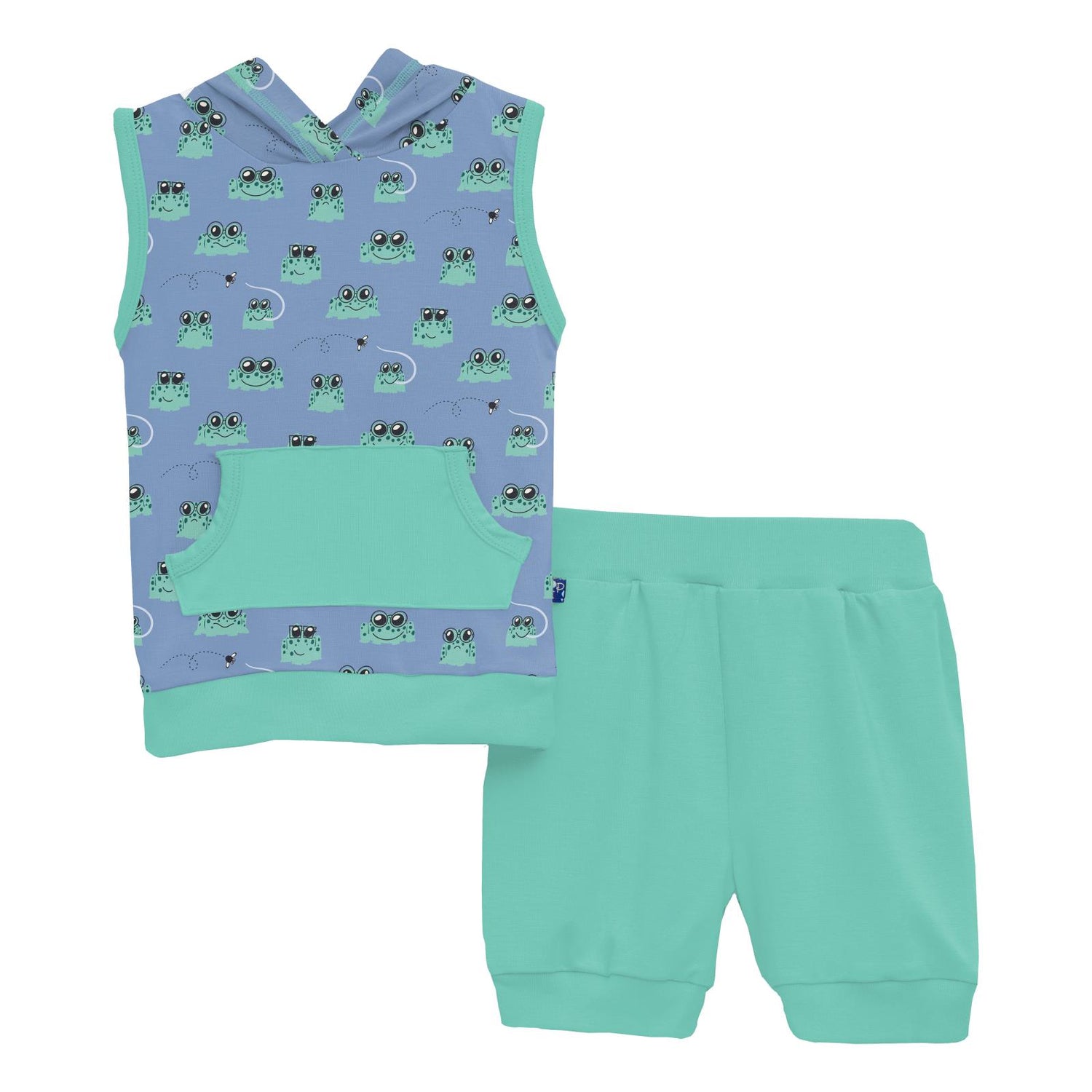 Print Short Sleeve Hoodie Tank Outfit Set in Dream Blue Bespeckled Frogs