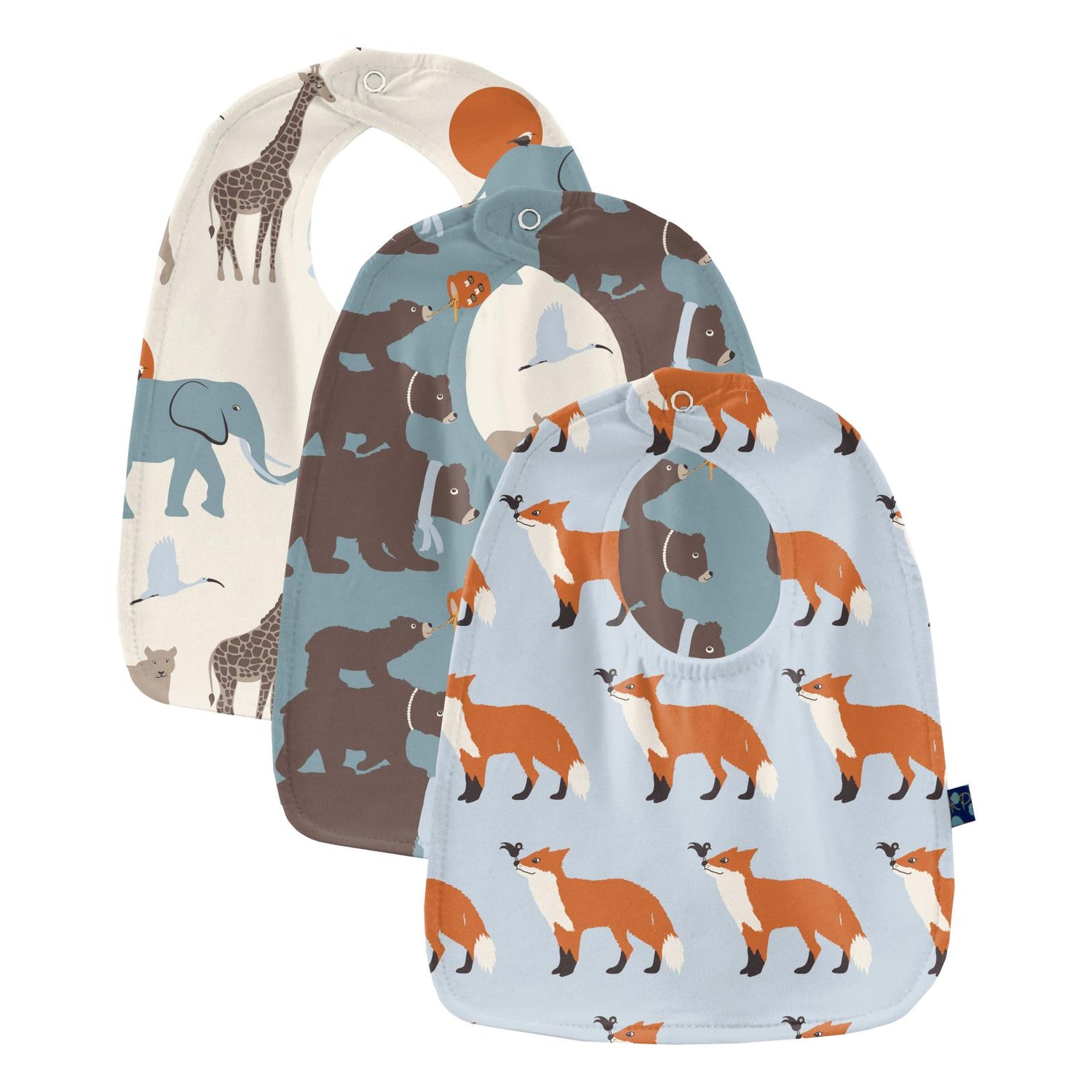 Print Bib Set of 3 in Natural Just So Animals, Stormy Sea Three Naughty Bears & Illusion Blue Fox ;pma& The Crow