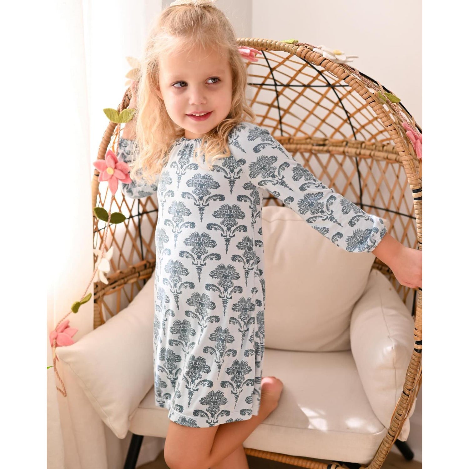 Print Long Sleeve Peasant Dress in Illusion Blue Damask