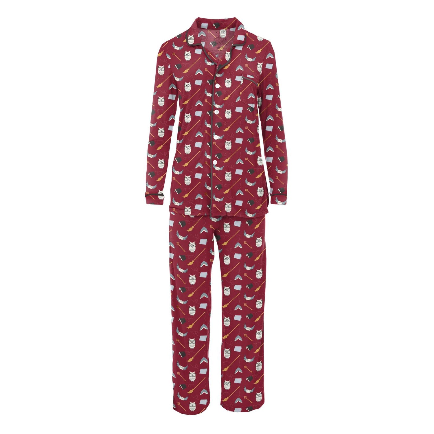 Women's Print Long Sleeve Collared Pajama Set in Crimson Magical World