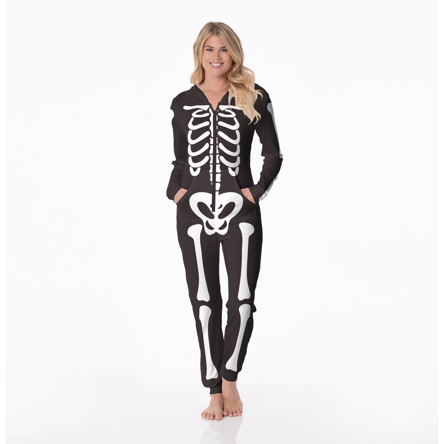 Women's Graphic Long Sleeve Jumpsuit with Hood in Midnight Skeleton