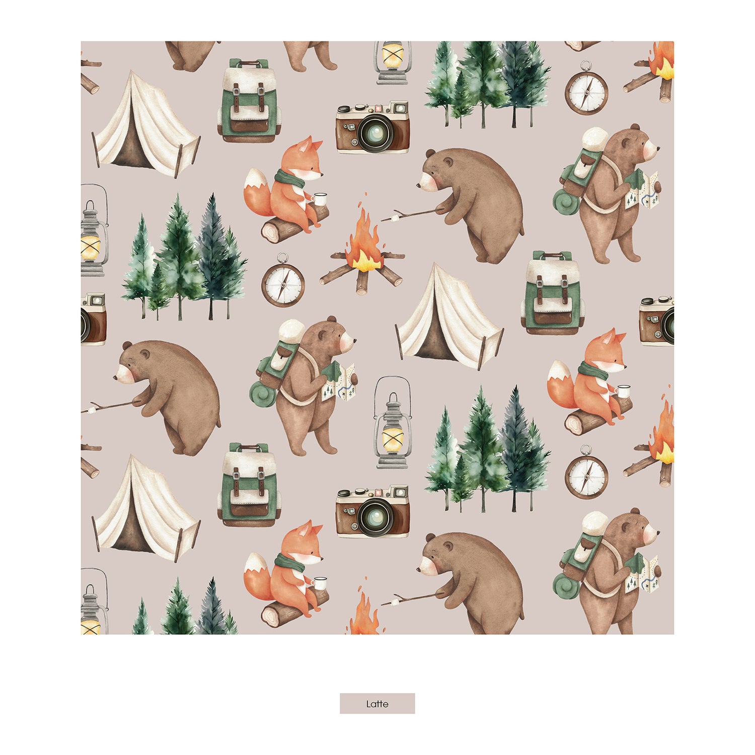 Print Layette Gown Converter & Single Knot Hat Set in Latte Camping Animals (322885)