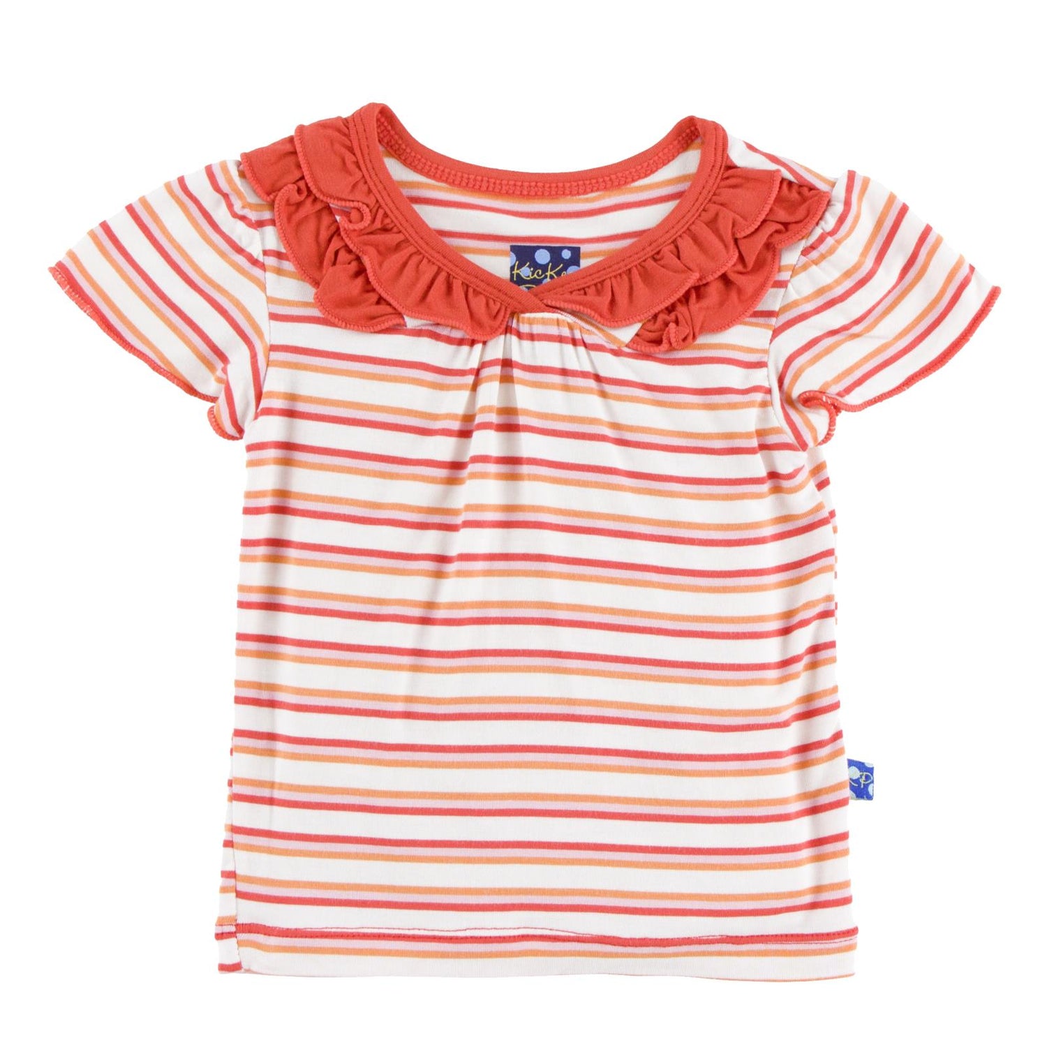 Print Short Sleeve Ruffle V-Neck Tee in Girl Freshwater Stripe