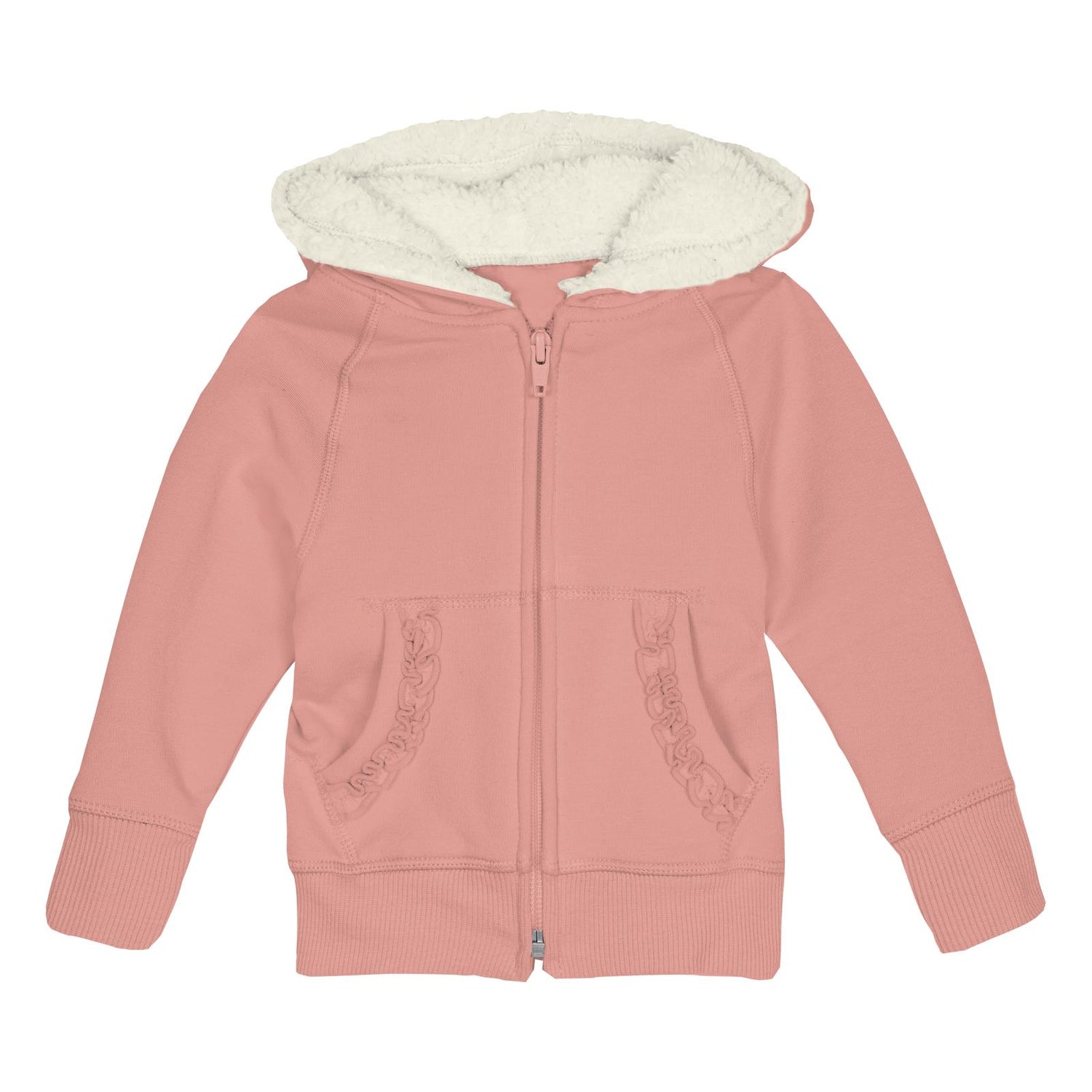 Fleece Ruffle Zip-Front Hoodie with Sherpa-Lined Hood in Blush