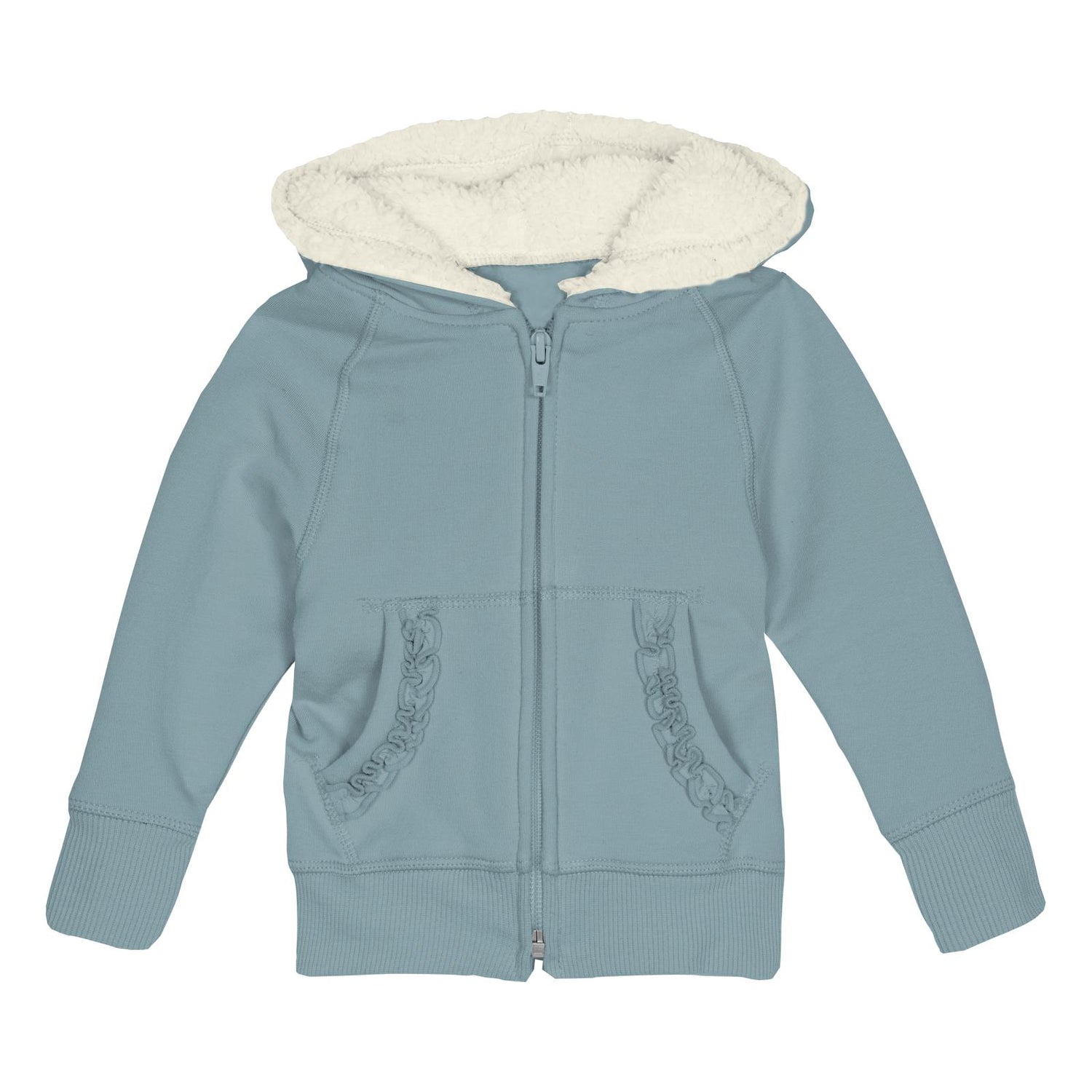 Fleece Ruffle Zip-Front Hoodie with Sherpa-Lined Hood in Stormy Sea