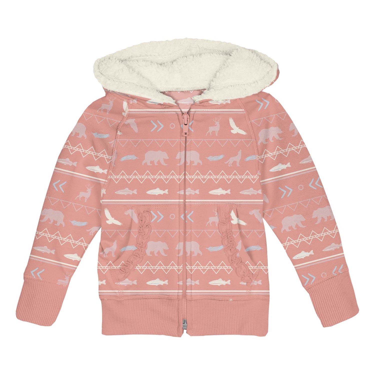 Print Fleece Ruffle Zip-Front Hoodie with Sherpa-Lined Hood in Blush Native Tribal Lore