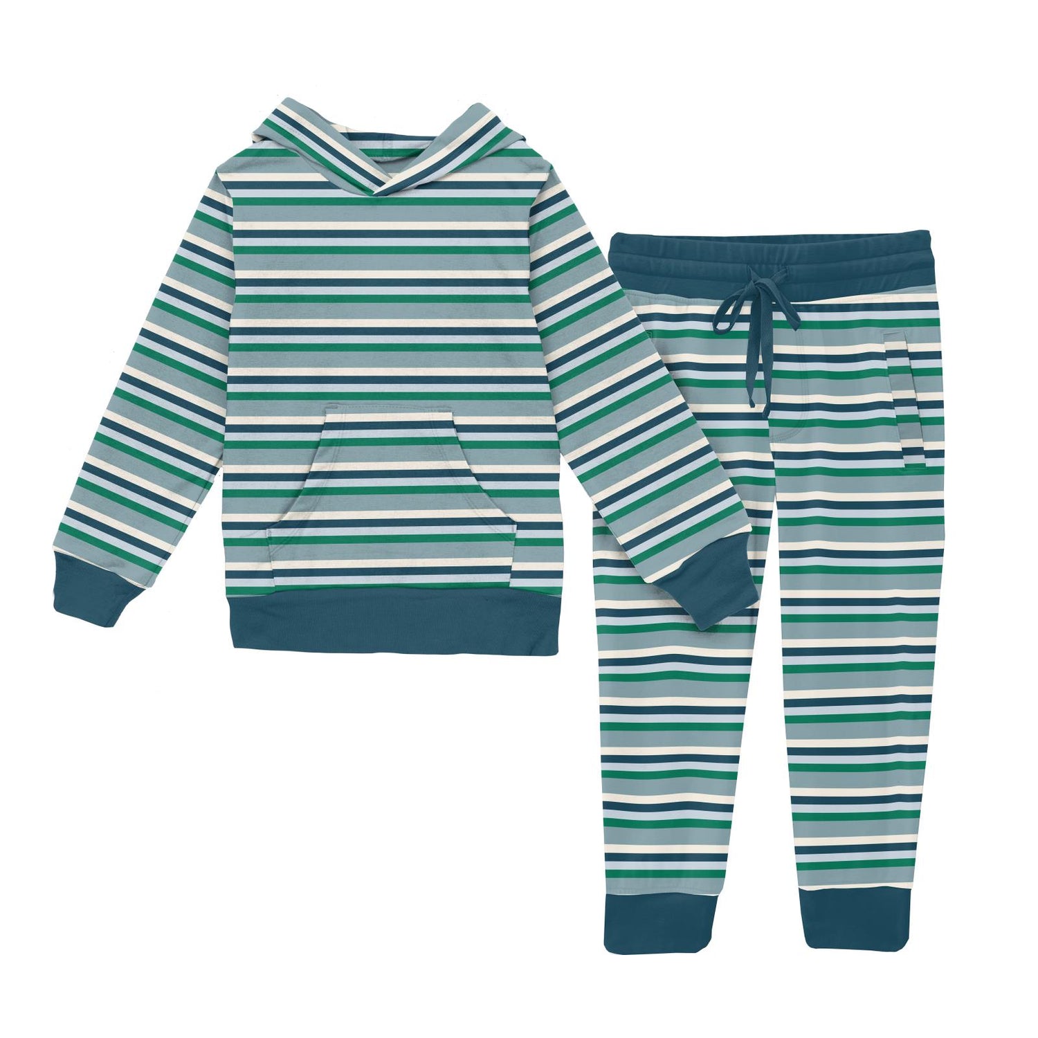 Print Luxe Kangaroo Pocket Pullover and Jogger Set in Stormy Sea Stripe (356248)