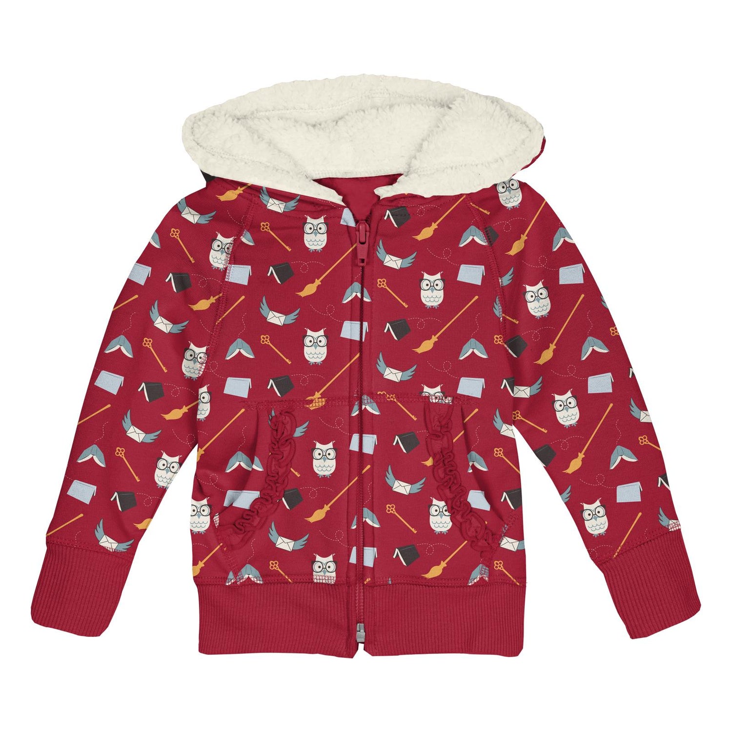 Print Fleece Ruffle Zip-Front Hoodie with Sherpa-Lined Hood in Crimson Magical World