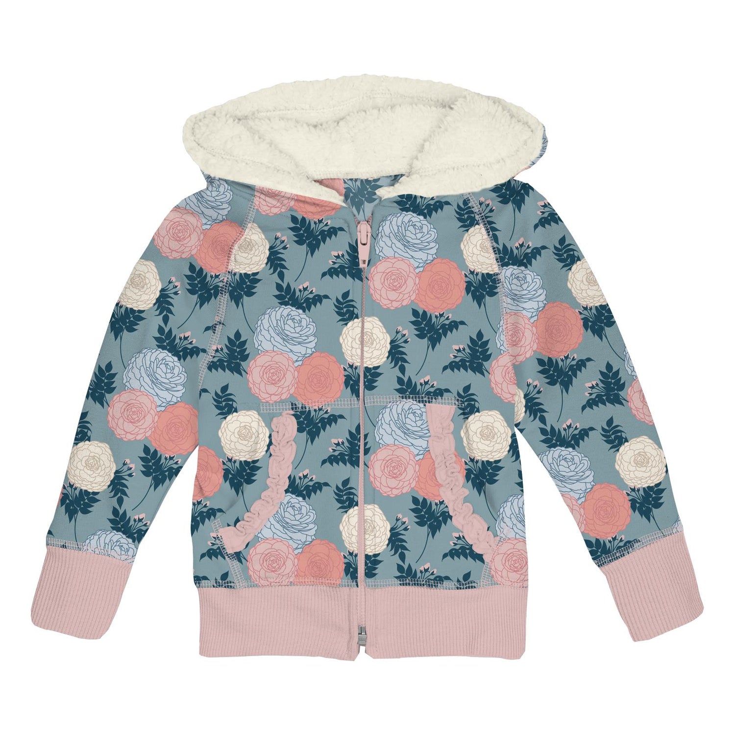 Print Fleece Ruffle Zip-Front Hoodie with Sherpa-Lined Hood in Stormy Sea Enchanted Floral