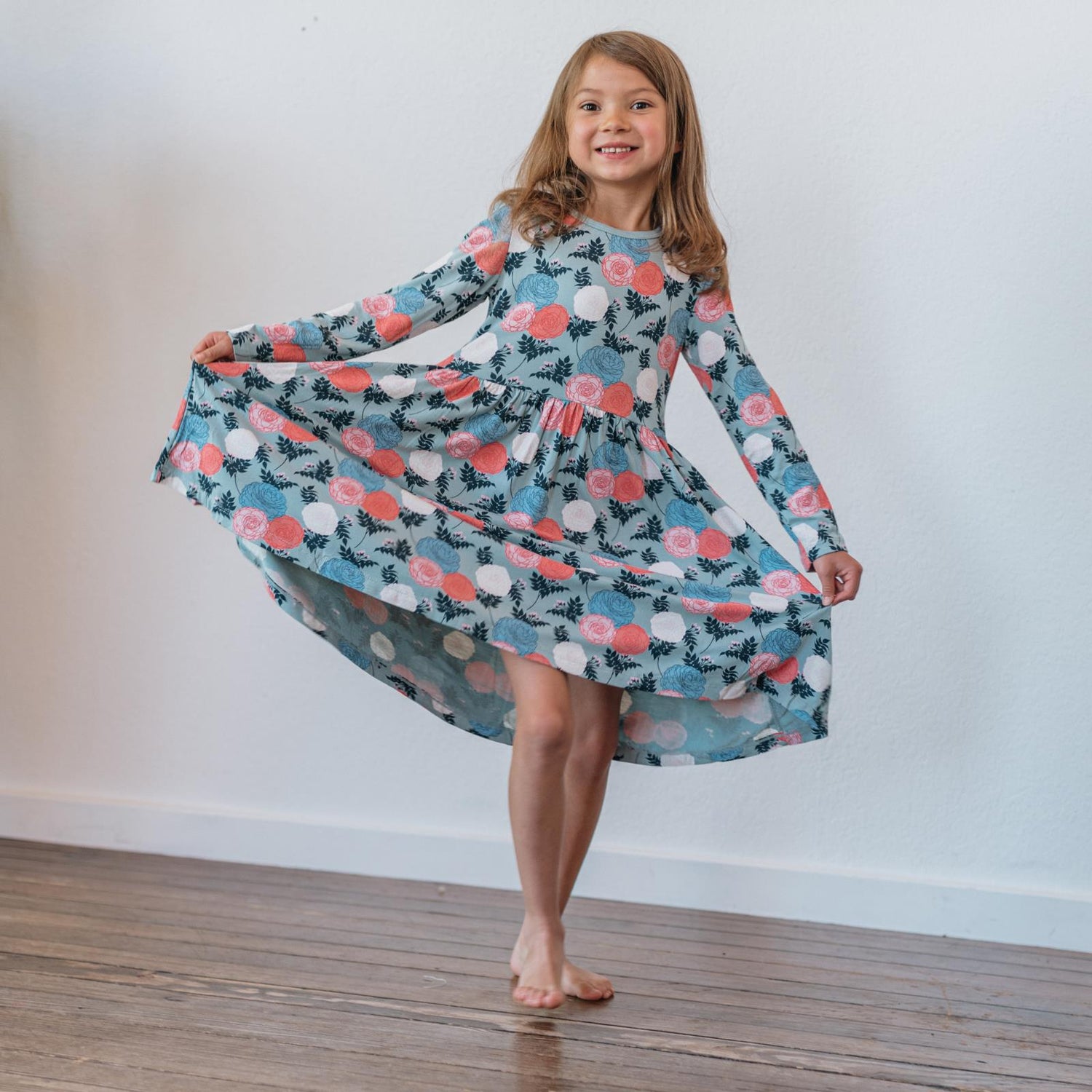 Print Long Sleeve Twirl Dress with Pockets in Stormy Sea Enchanted Floral