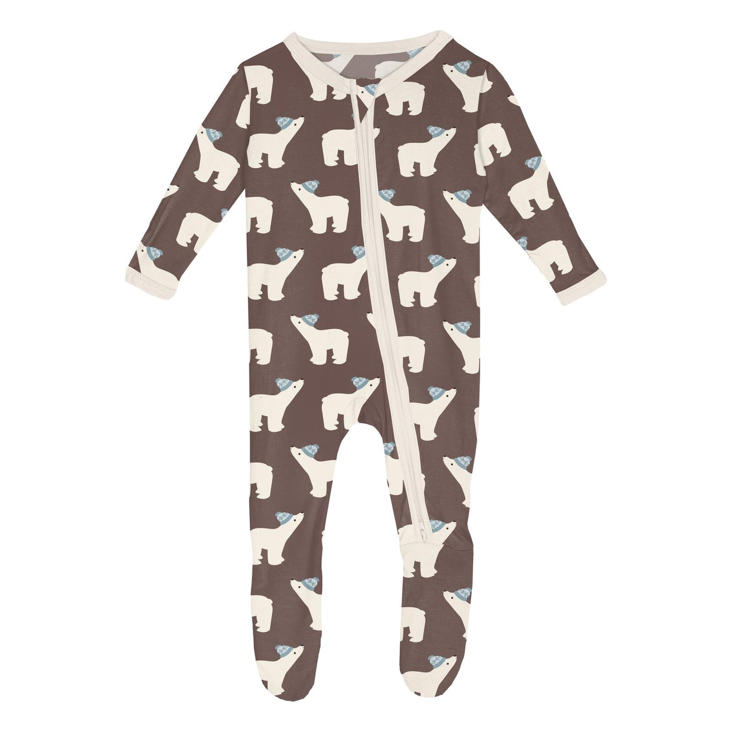 Print Footie with 2 Way Zipper in Coffee Polar Bears