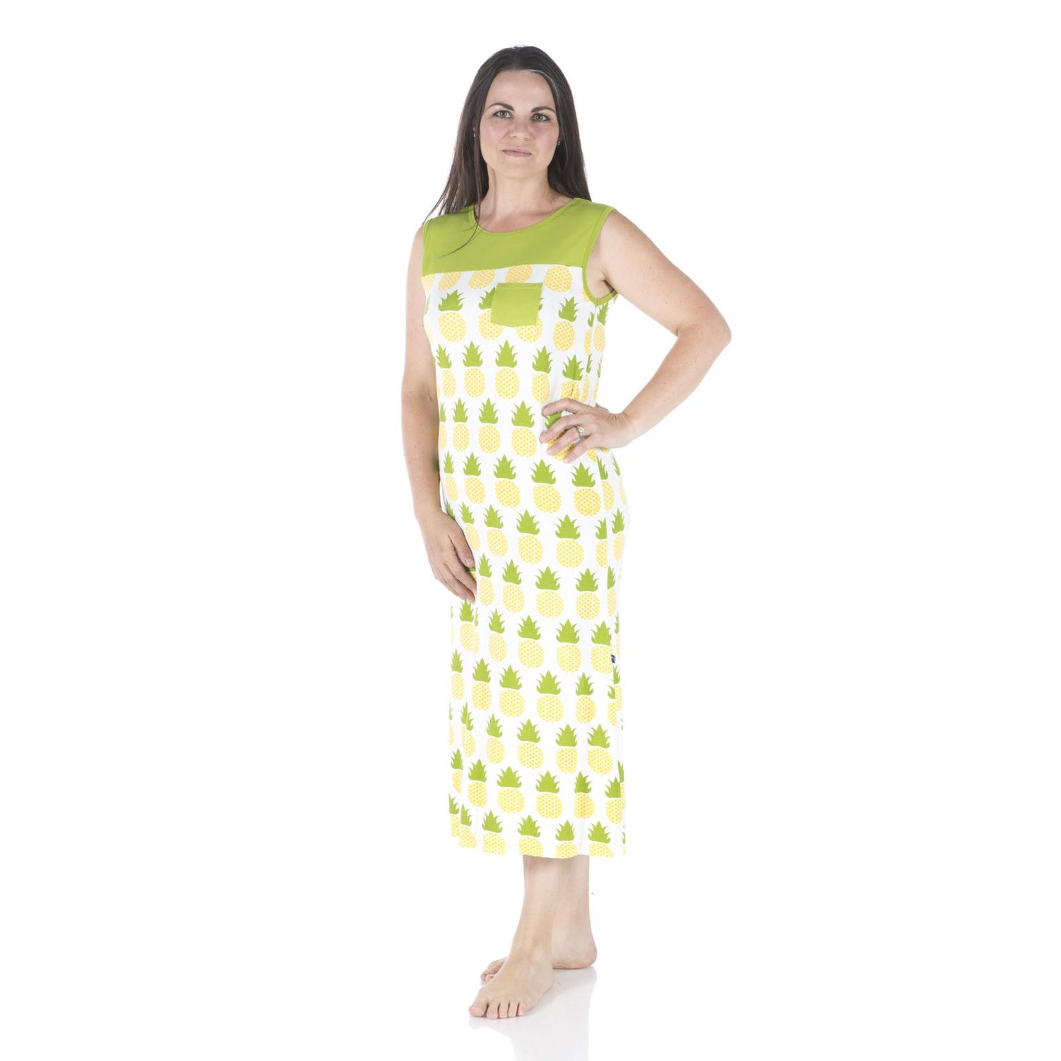 Print Midi Nightgown with Pocket in Natural Pineapple