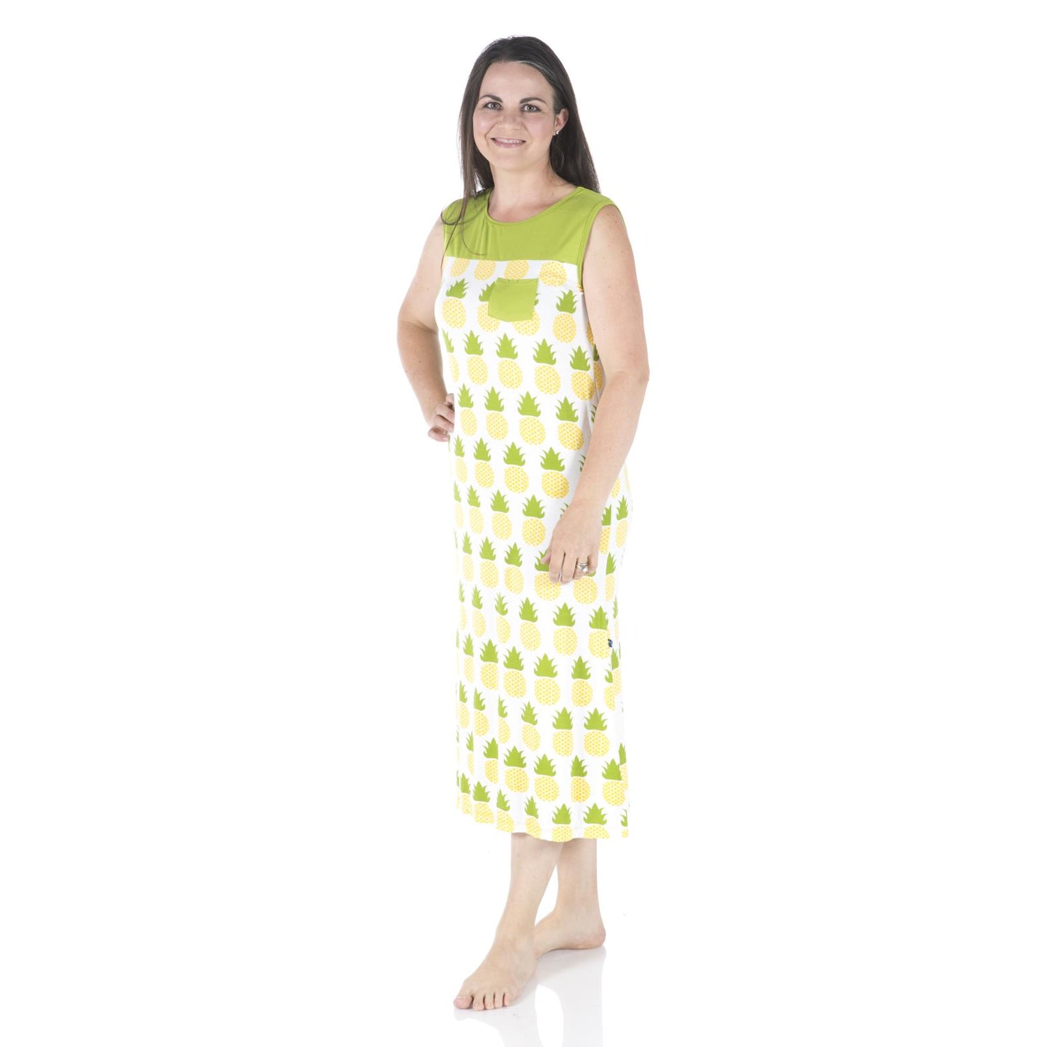 Print Midi Nightgown with Pocket in Natural Pineapple