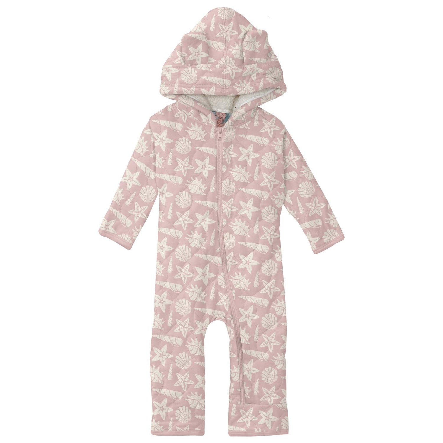 Print Quilted Hoodie Coverall with Sherpa-Lined Hood and Zipper in Baby Rose Shells & Starfish/Stormy Sea Seahorses