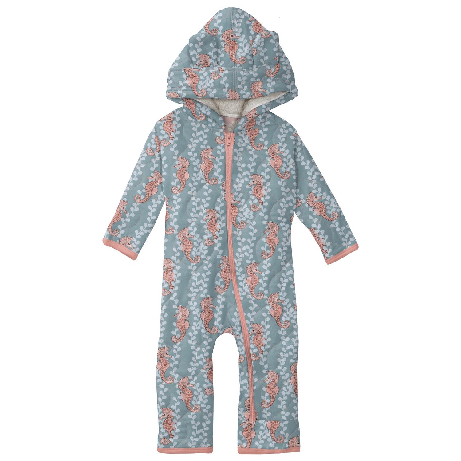 Print Quilted Hoodie Coverall with Sherpa-Lined Hood and Zipper in Sea Seahorses/Baby Rose Shells & Starfish