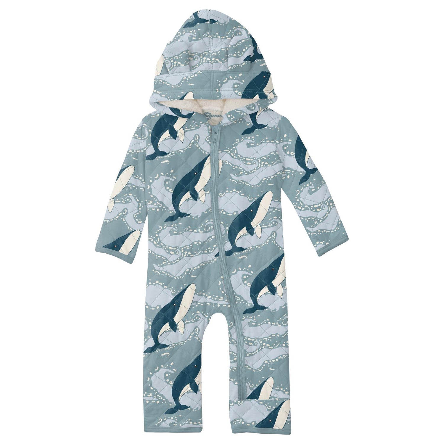 Print Quilted Hoodie Coverall with Sherpa-Lined Hood and Zipper in Stormy Sea Splashing Whales/Natural Boat Rope