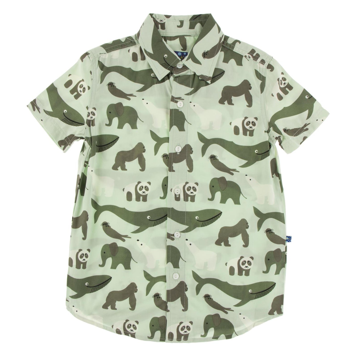 Print Short Sleeve Woven Button Down Shirt in Aloe Endangered Animals