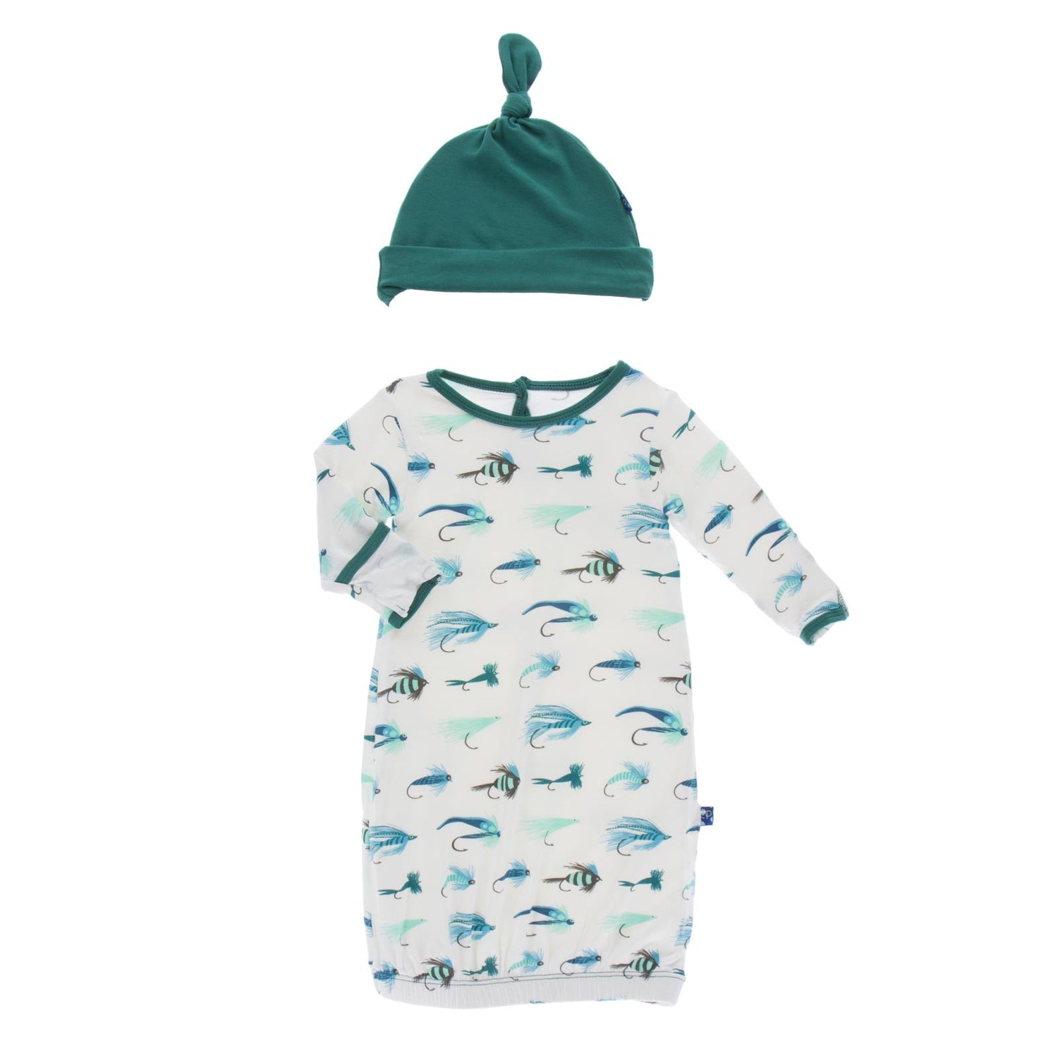 Print Layette Gown & Single Knot Hat Set in Natural Fishing Flies