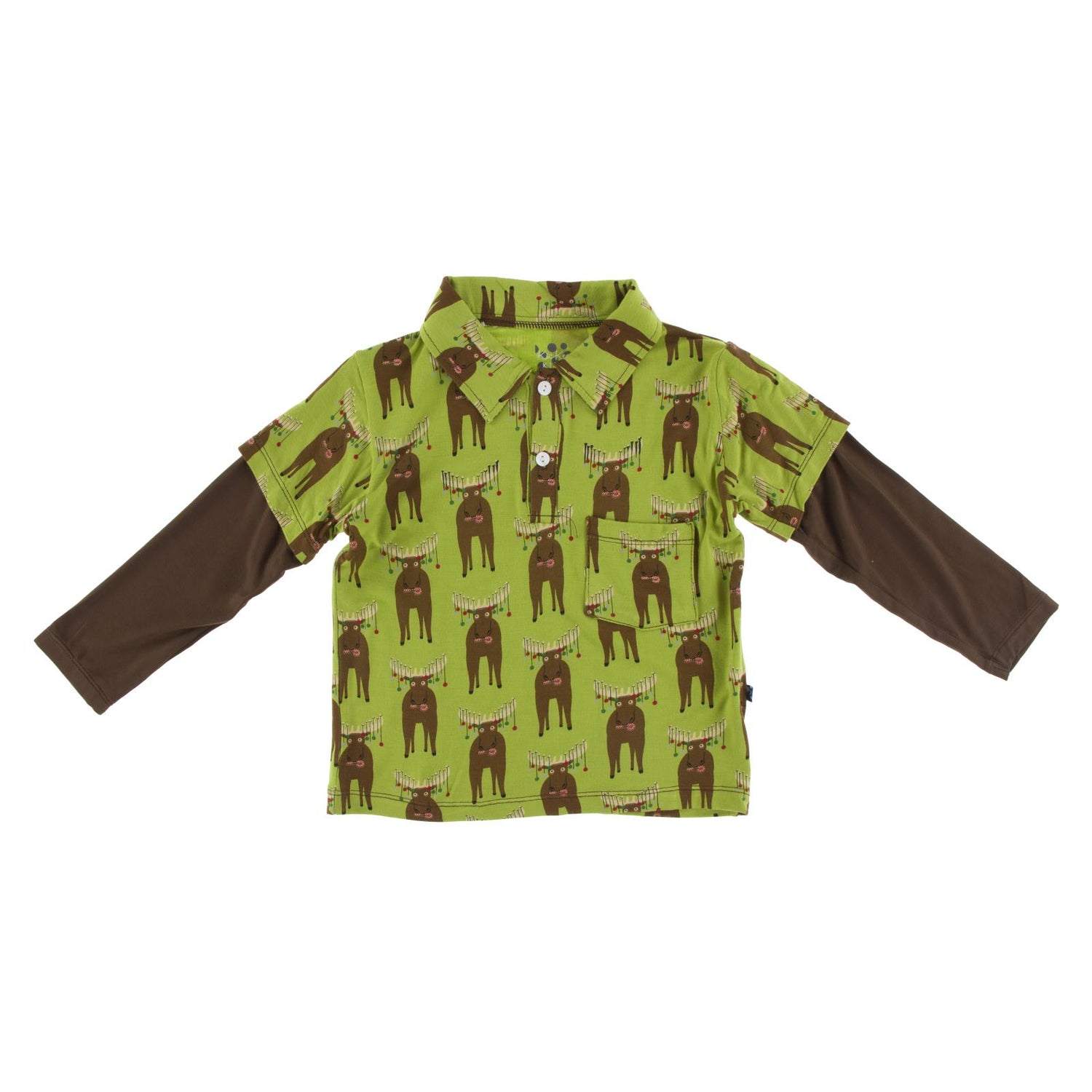 Print Long Sleeve Double Layer Polo in Meadow Bad Moose