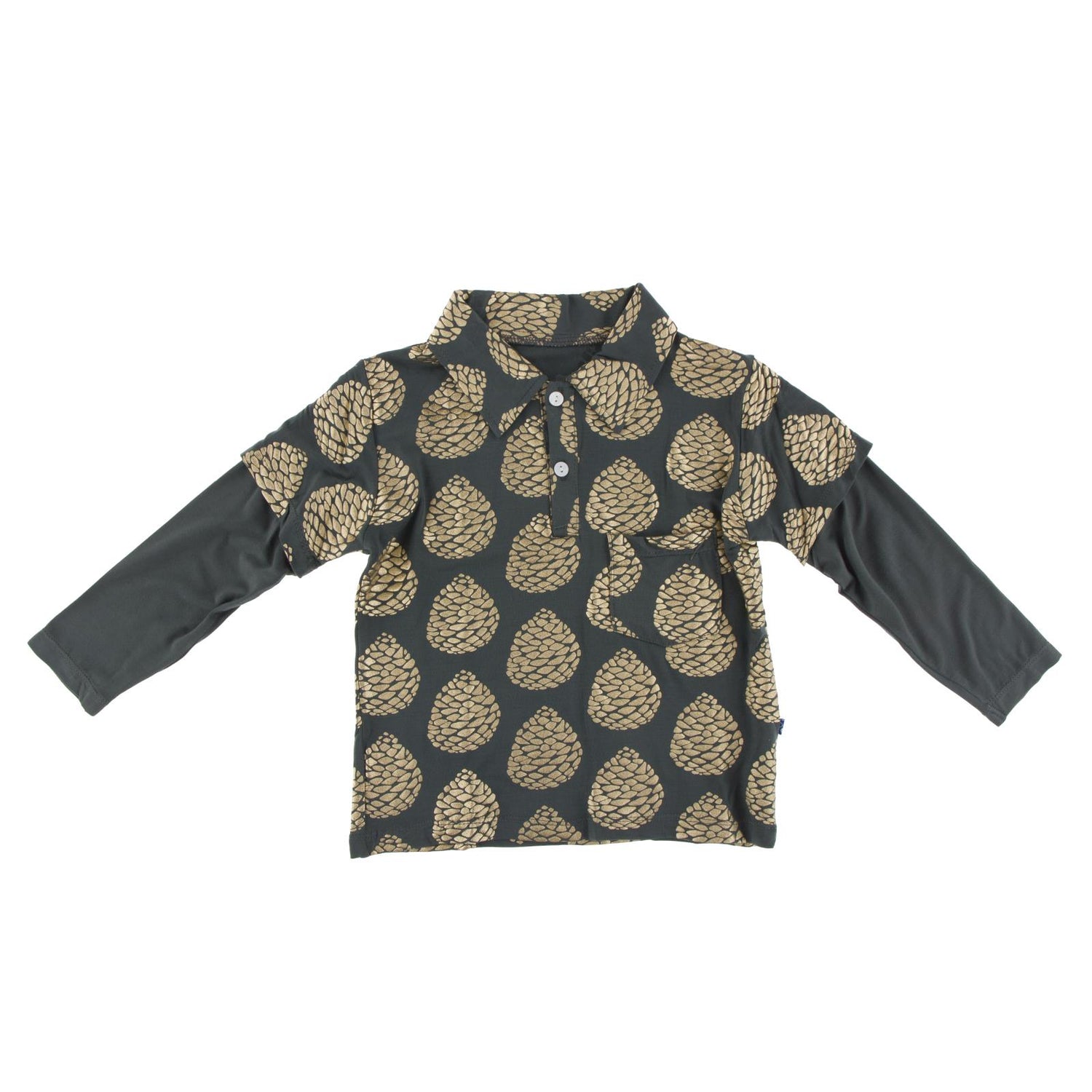 Print Long Sleeve Double Layer Polo in Pewter Pinecones