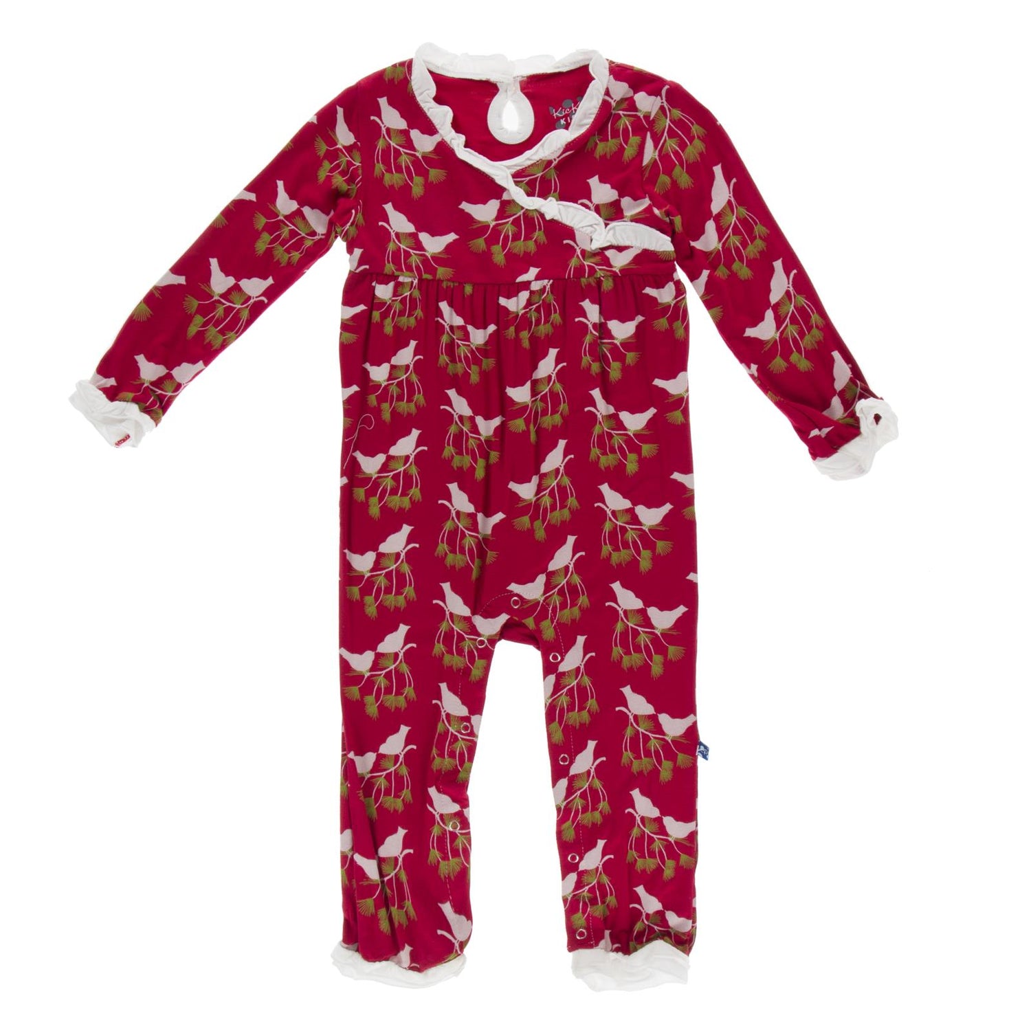 Print Long Sleeve Kimono Ruffle Romper in Crimson Kissing Birds (122405)