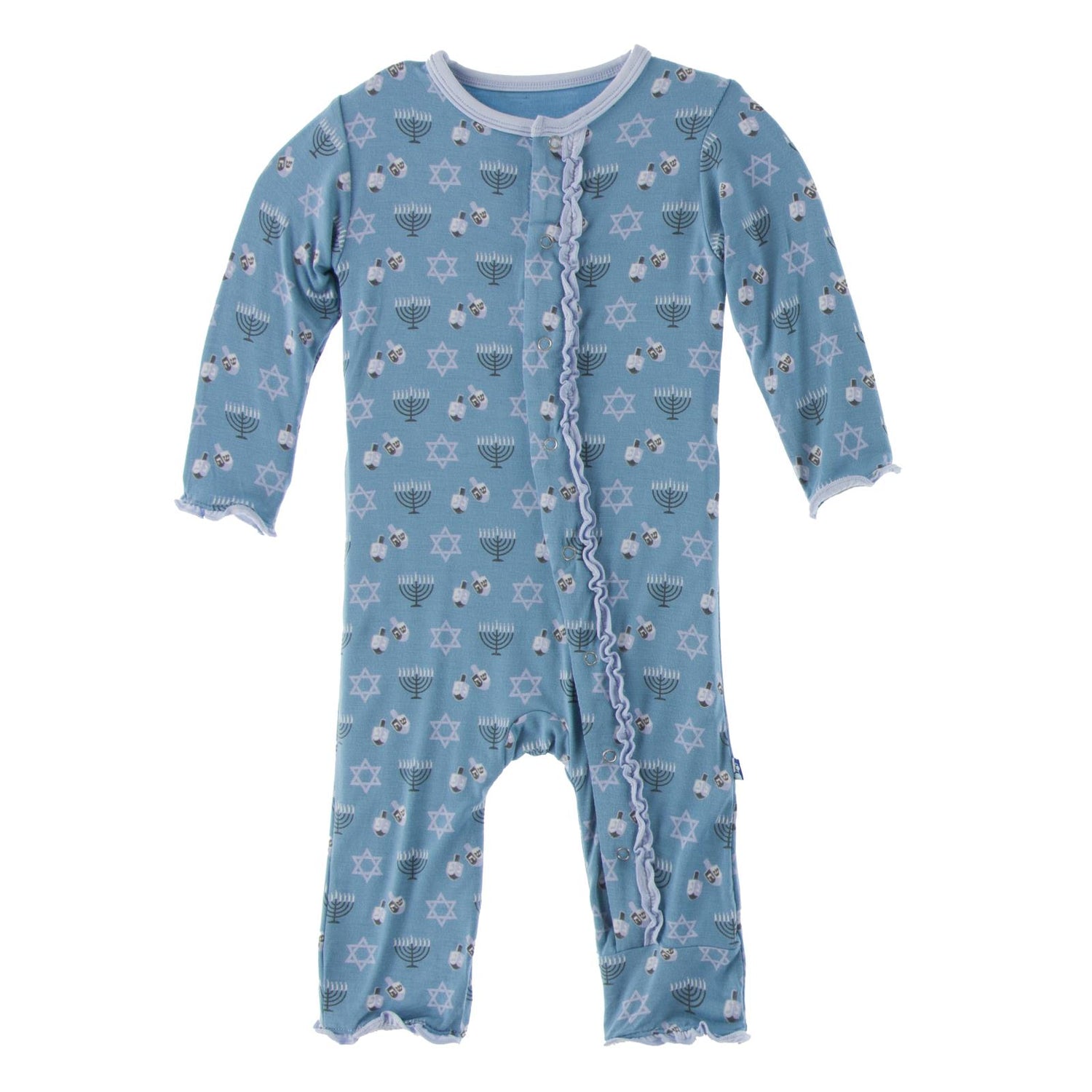 Print Muffin Ruffle Coverall with Snaps in Blue Moon Hanukkah