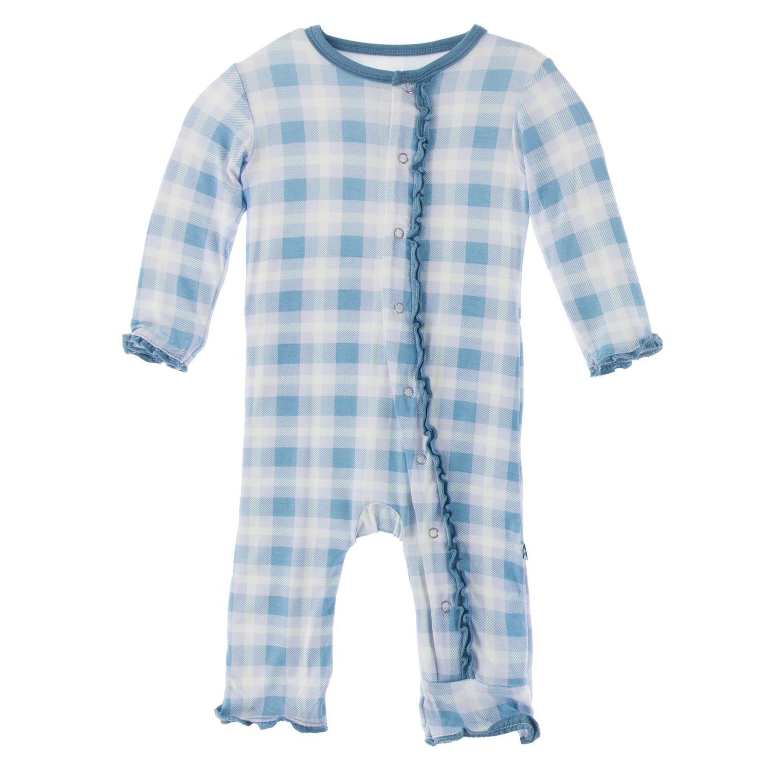 Print Muffin Ruffle Coverall with Snaps in Blue Moon Holiday Plaid