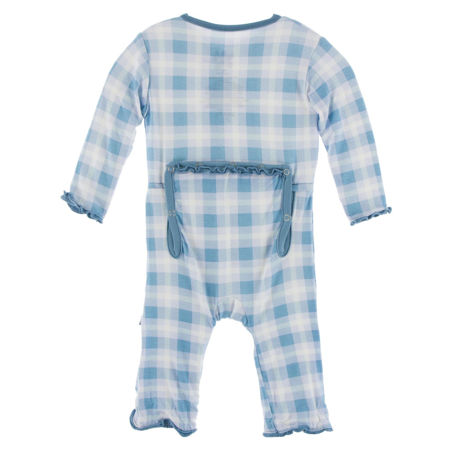 Print Muffin Ruffle Coverall with Snaps in Blue Moon Holiday Plaid