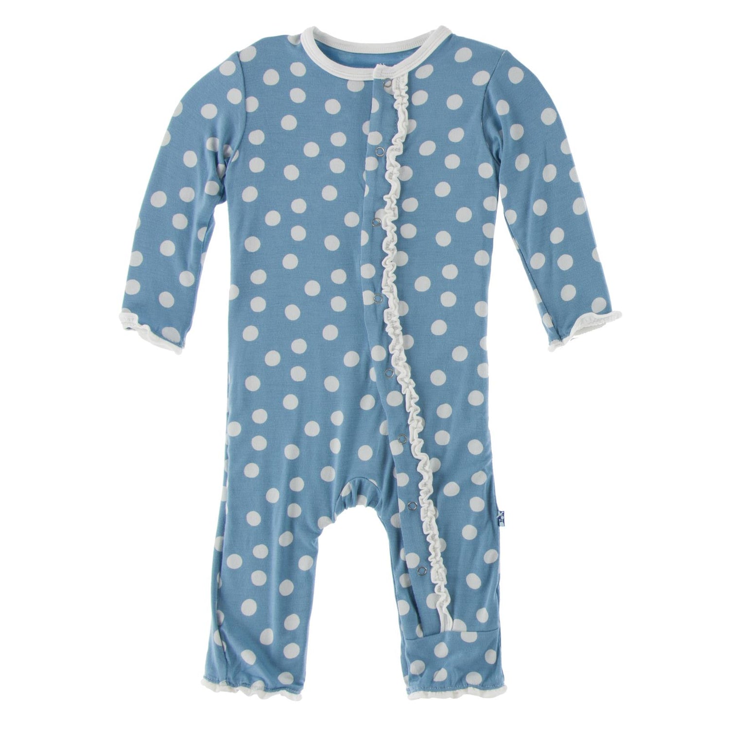 Print Muffin Ruffle Coverall with Snaps in Blue Moon Snowballs