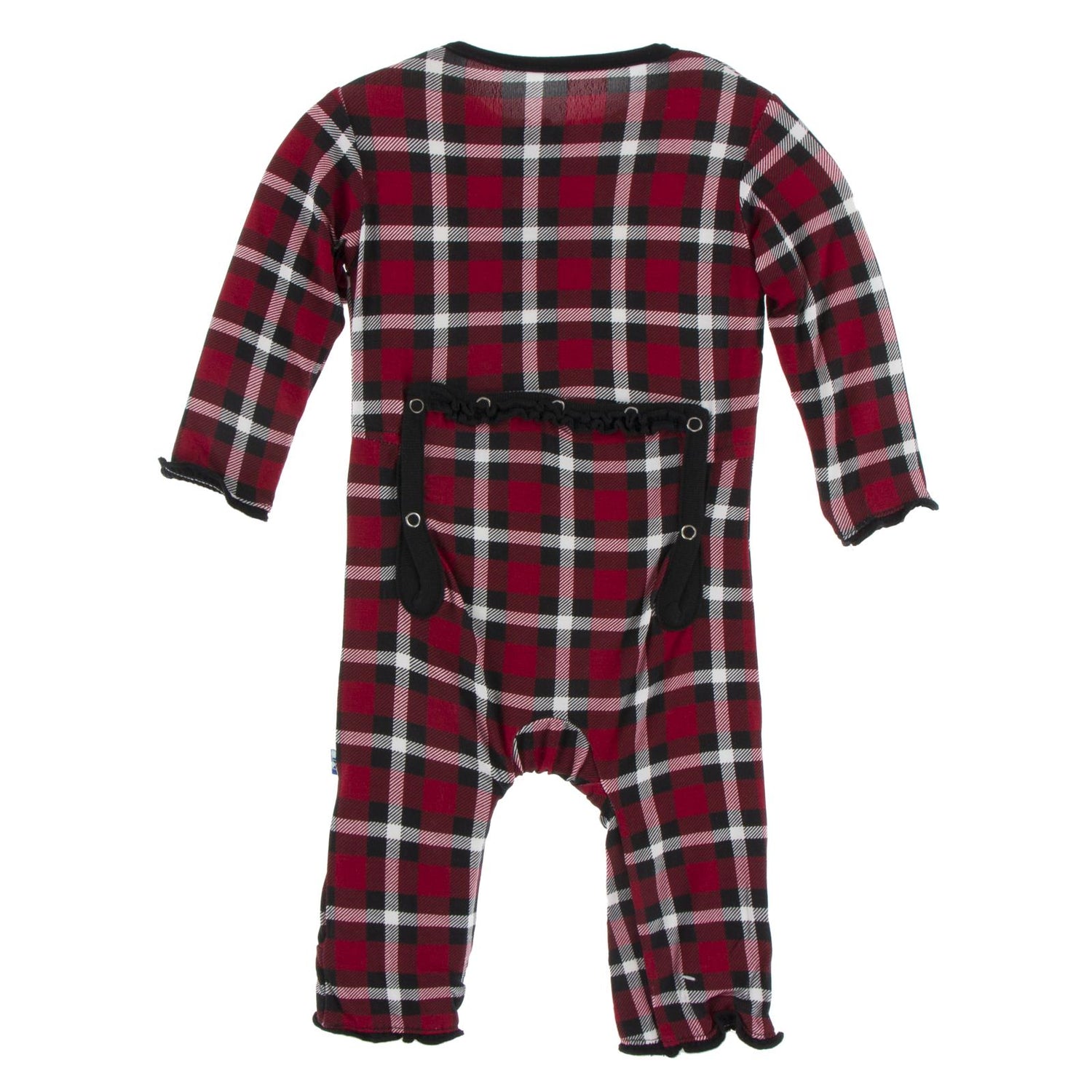 Print Muffin Ruffle Coverall with Snaps in Crimson Holiday Plaid