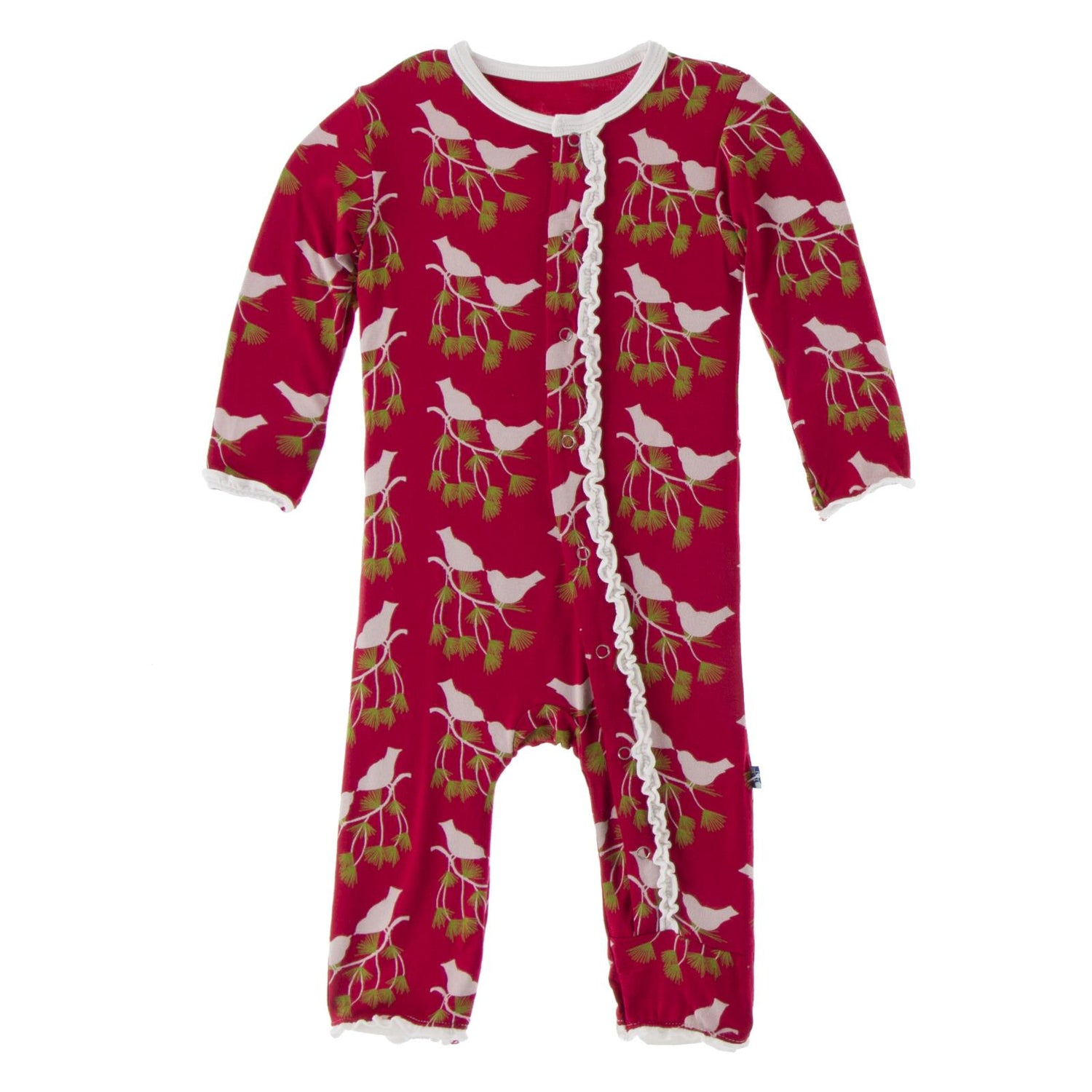 Print Muffin Ruffle Coverall with Snaps in Crimson Kissing Birds