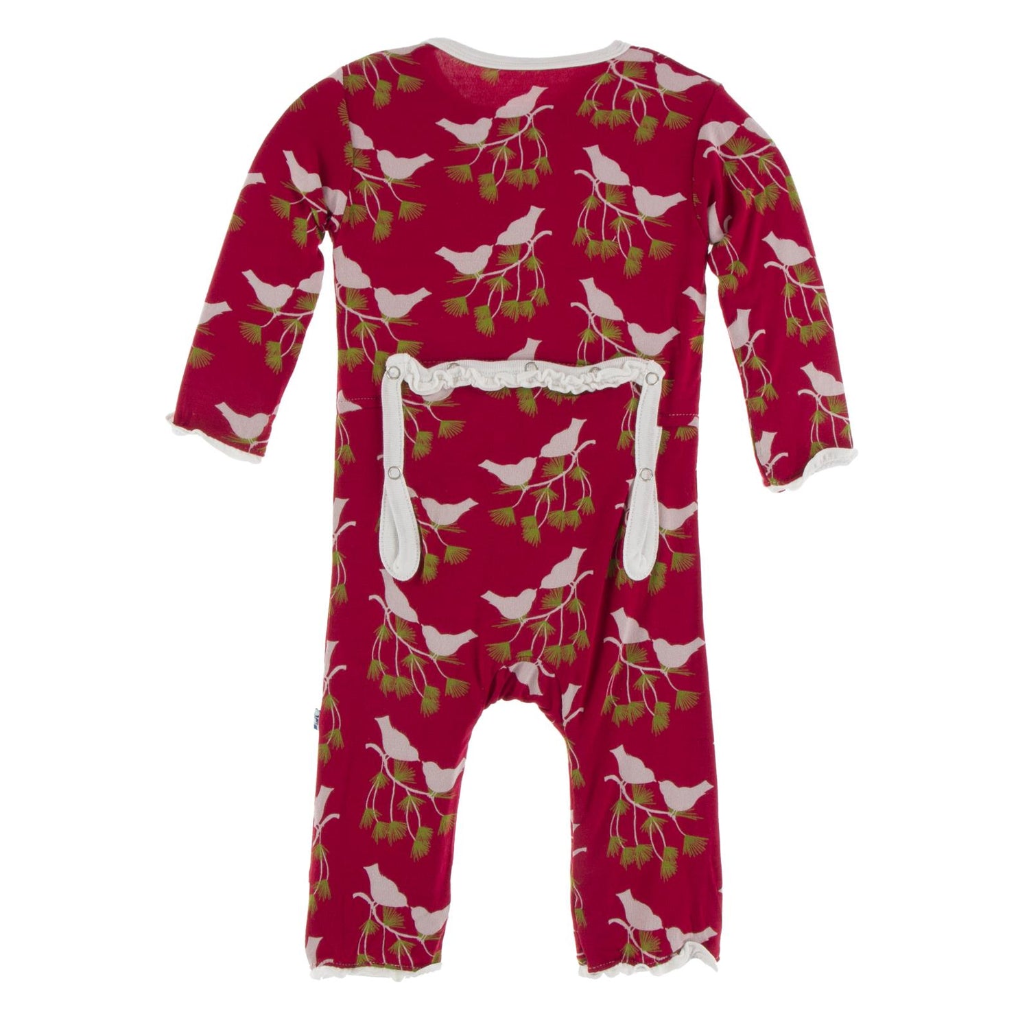 Print Muffin Ruffle Coverall with Snaps in Crimson Kissing Birds