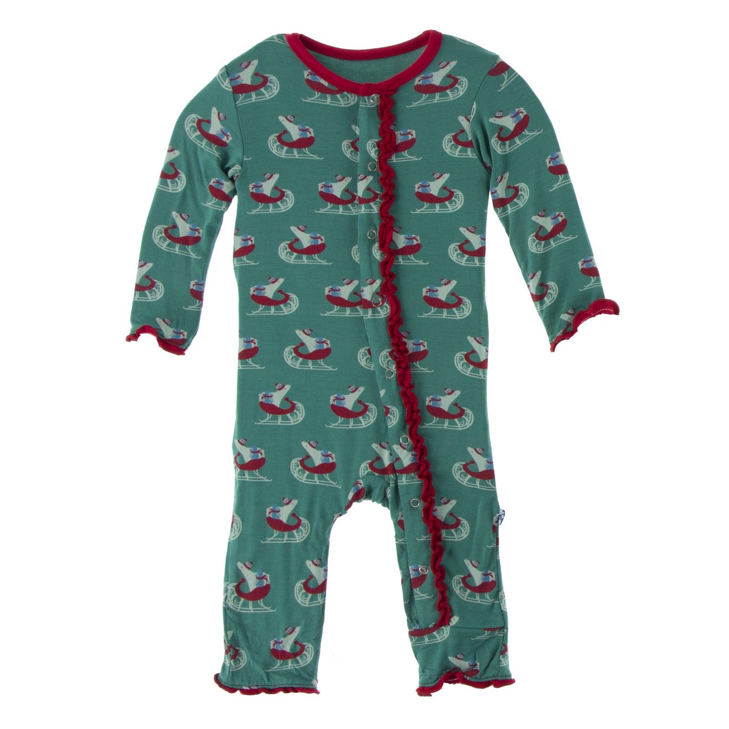 Print Muffin Ruffle Coverall with Snaps in Ivy Sled