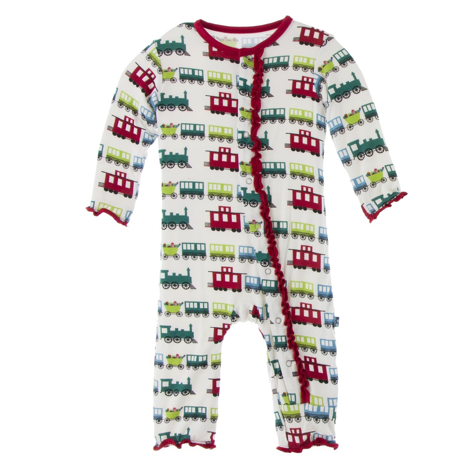 Print Muffin Ruffle Coverall with Snaps in Natural Toy Train