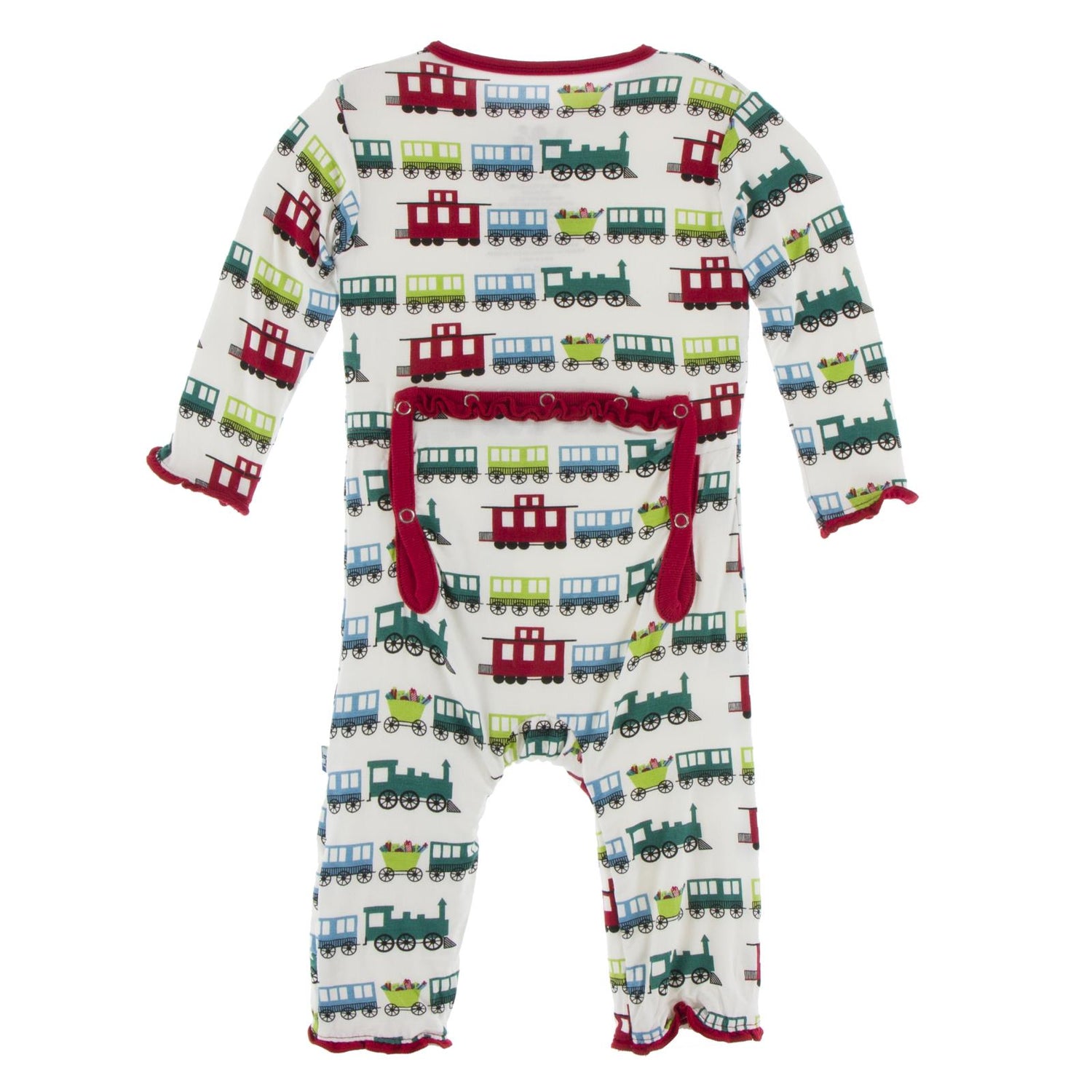 Print Muffin Ruffle Coverall with Snaps in Natural Toy Train