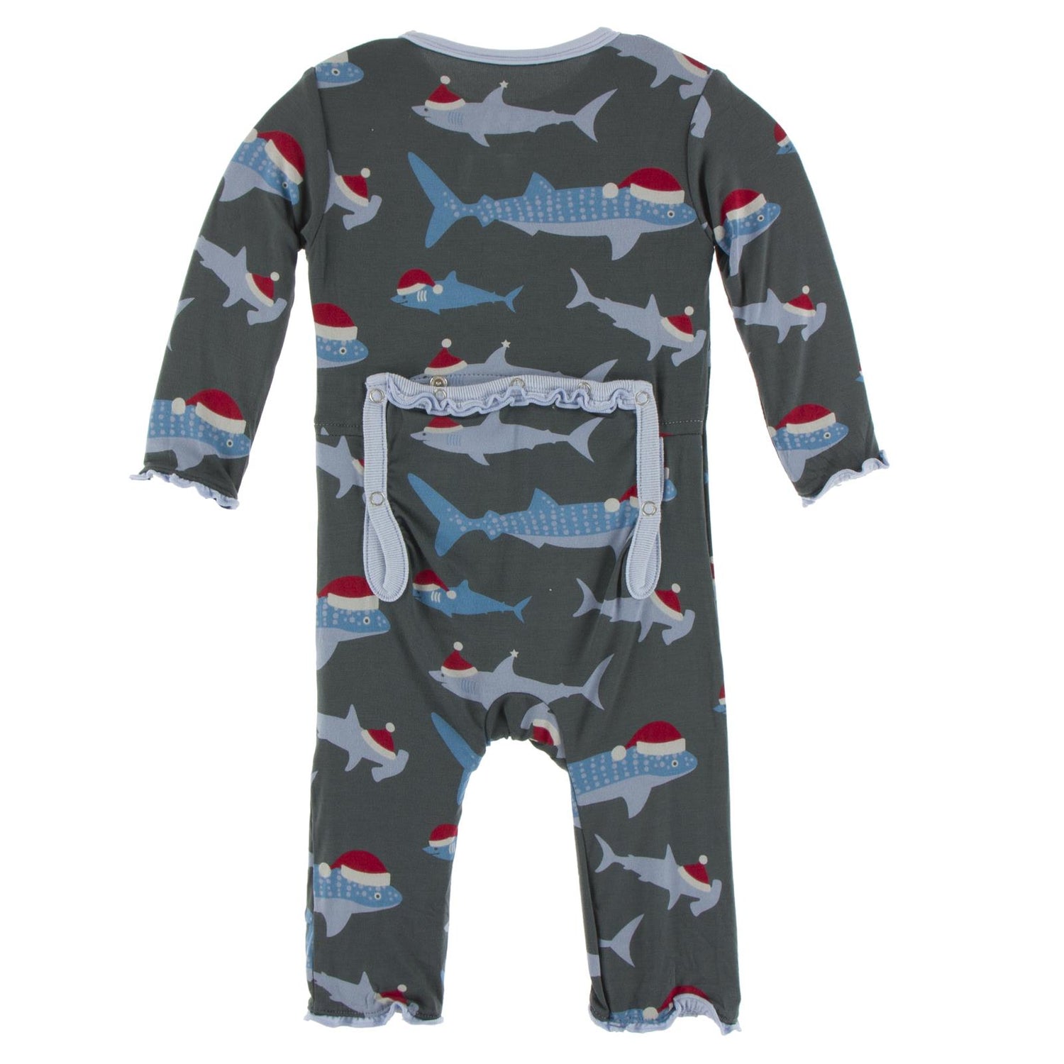 Print Muffin Ruffle Coverall with Snaps in Pewter Santa Sharks