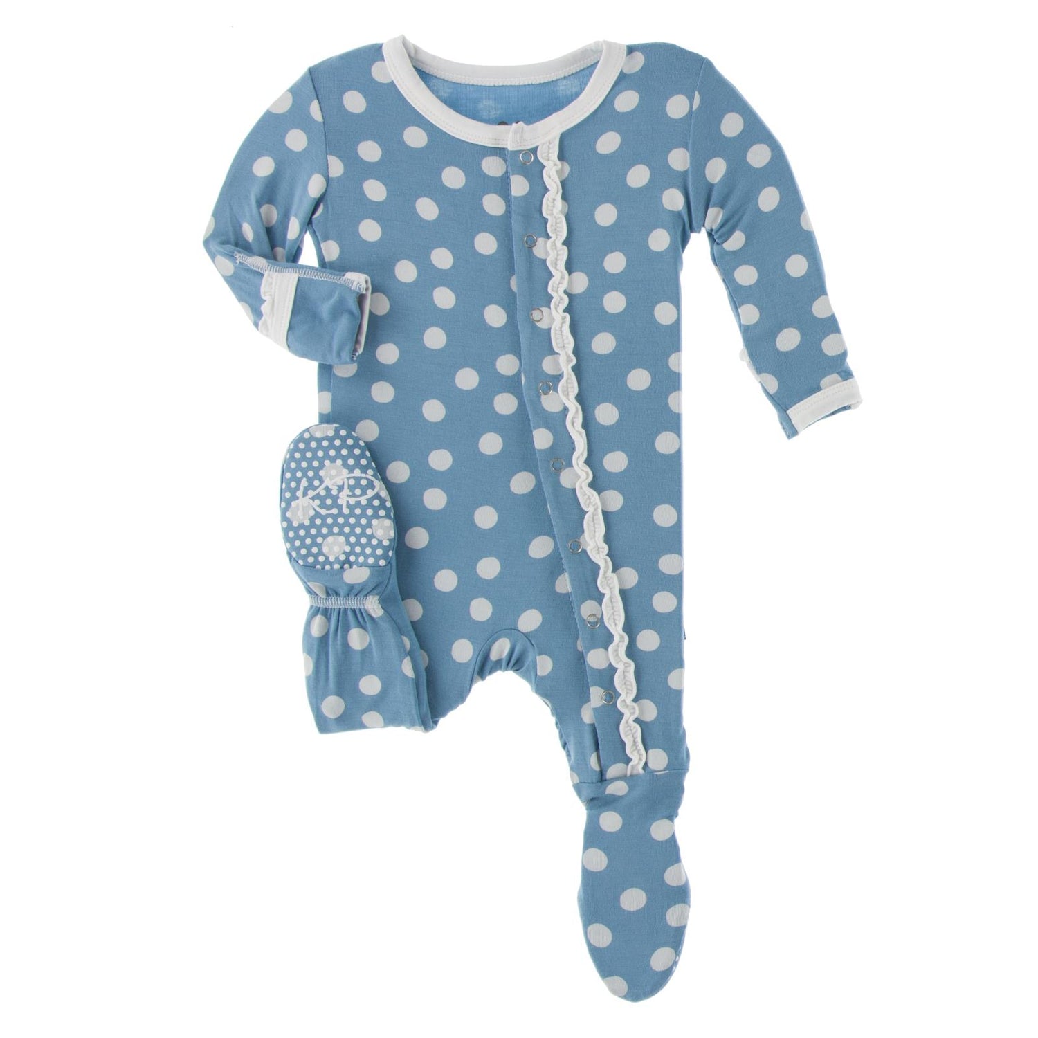 Print Muffin Ruffle Footie with Snaps in Blue Moon Snowballs