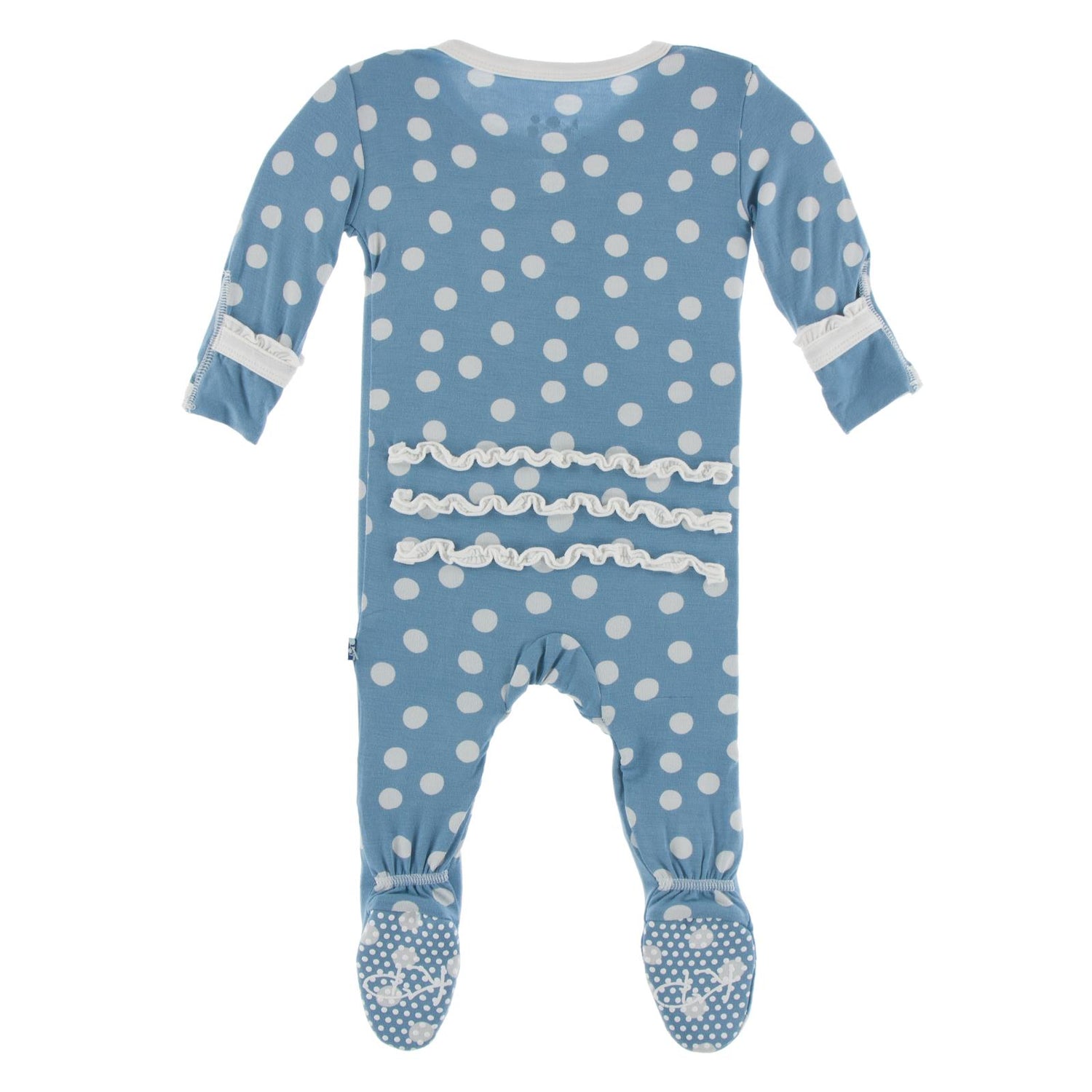 Print Muffin Ruffle Footie with Snaps in Blue Moon Snowballs