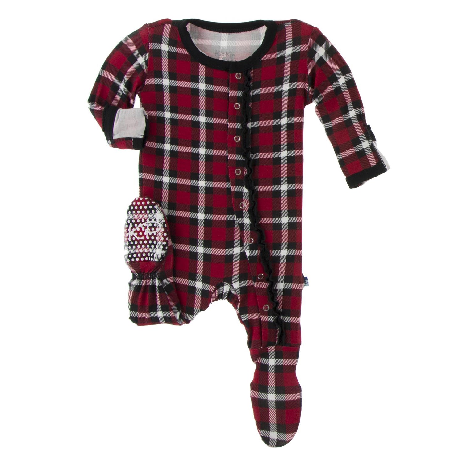 Print Muffin Ruffle Footie with Snaps in Crimson Holiday Plaid