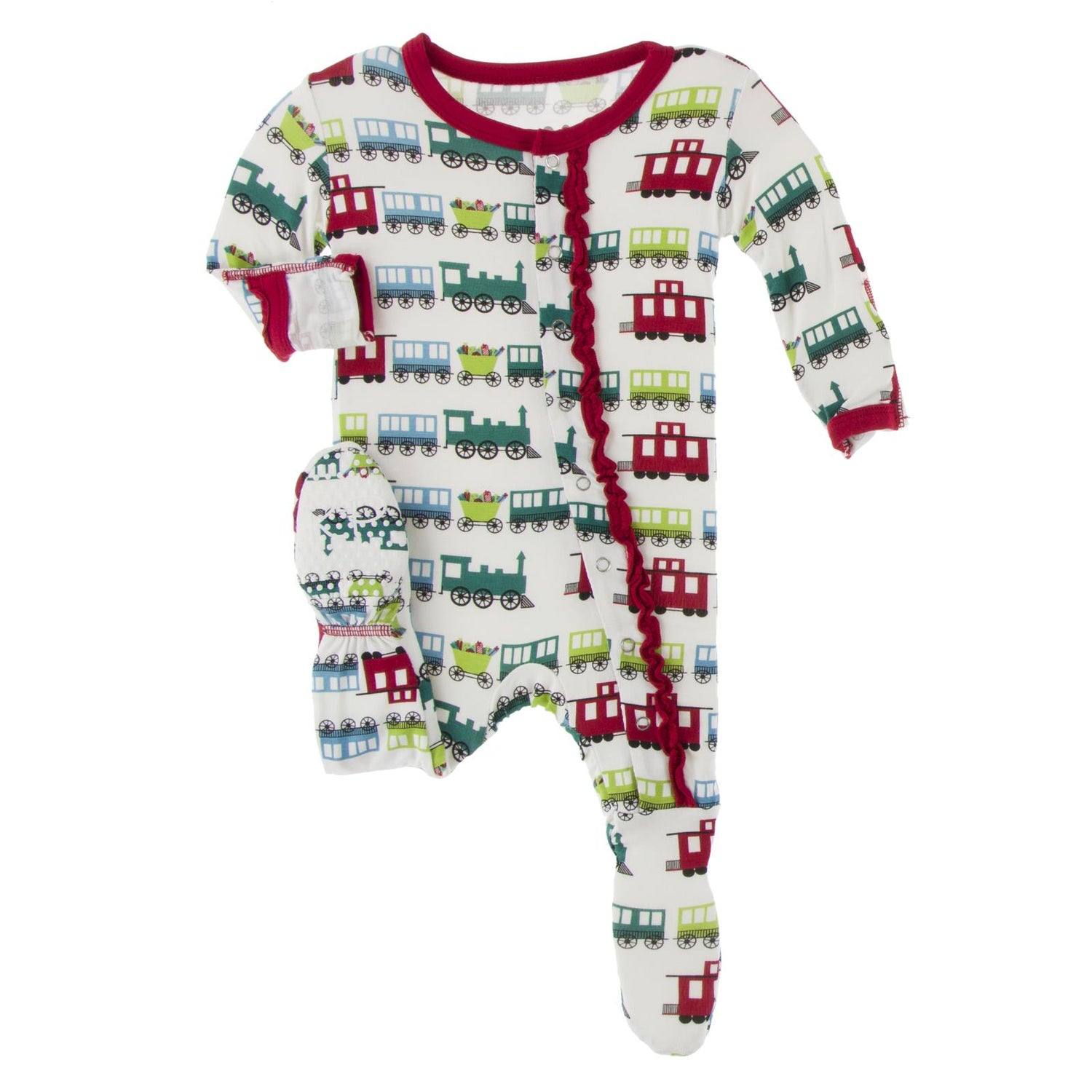 Print Muffin Ruffle Footie with Snaps in Natural Toy Train