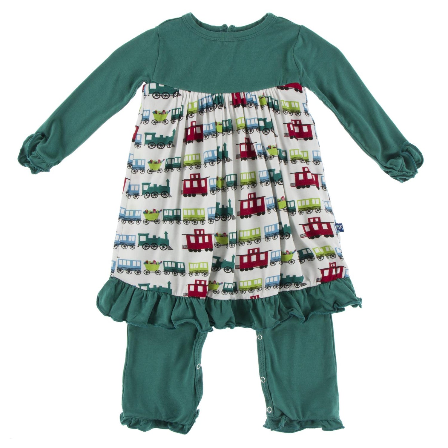 Print Long Sleeve Dress Romper in Natural Toy Train