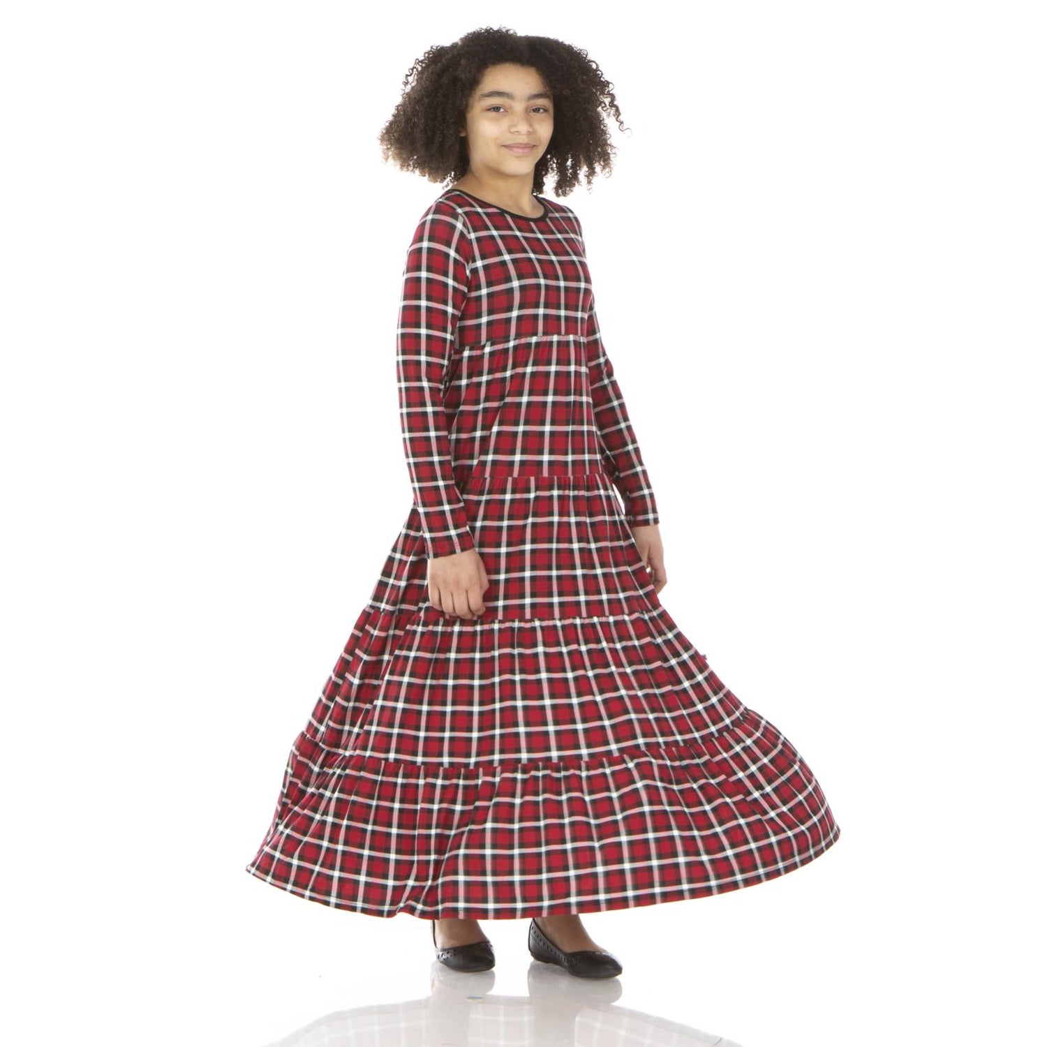 Print Long Sleeve Tiered Dress in Crimson Holiday Plaid