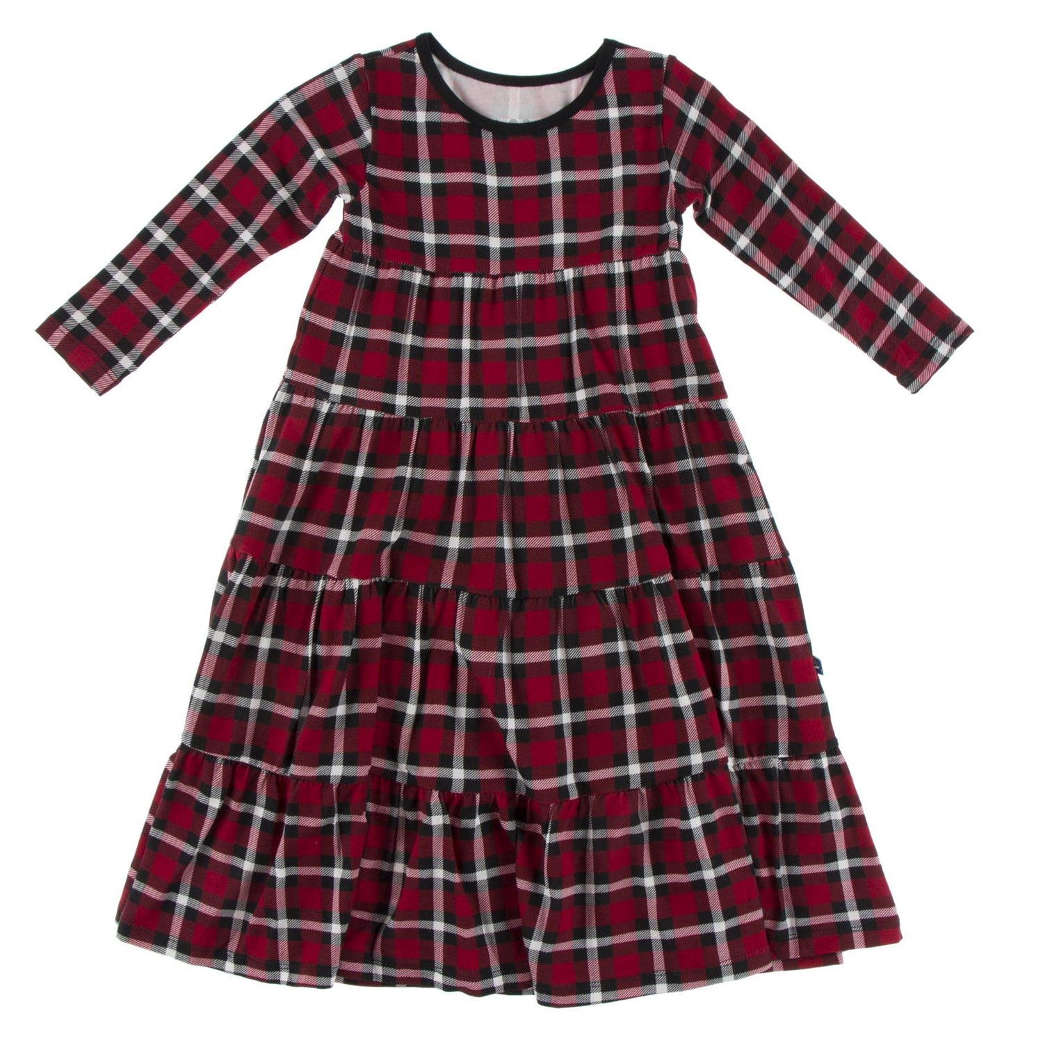 Print Long Sleeve Tiered Dress in Crimson Holiday Plaid