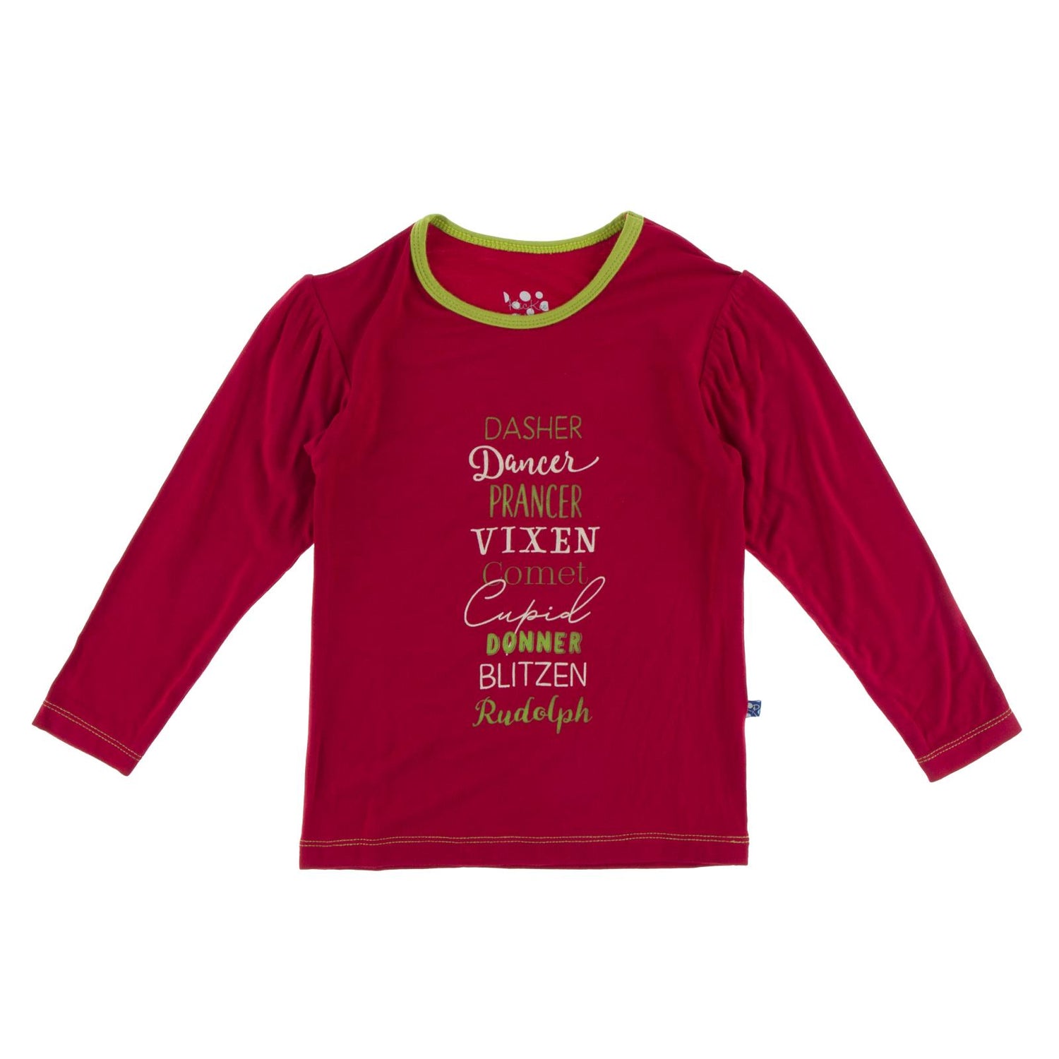 Long Sleeve Graphic Puff Tee in Crimson Reindeer Names