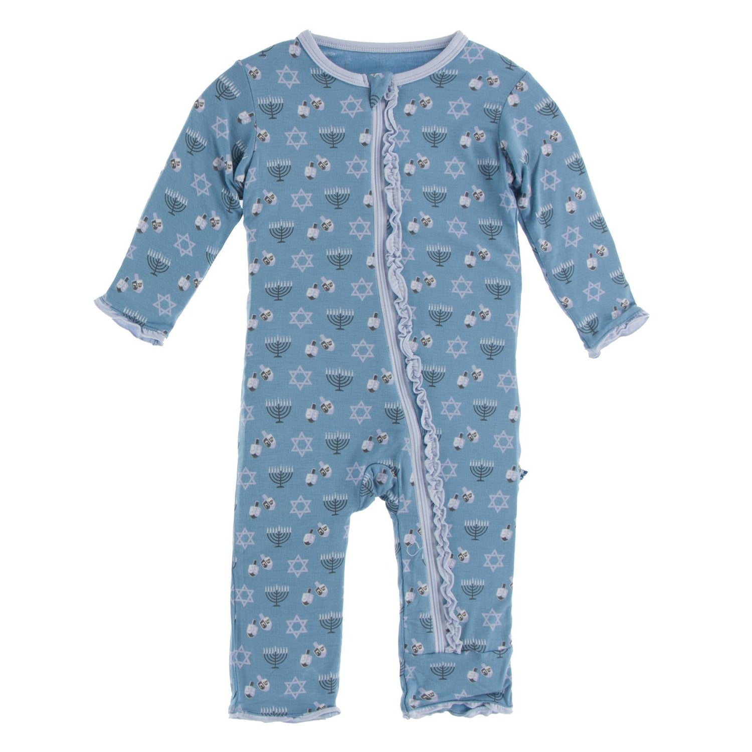 Print Muffin Ruffle Coverall with Zipper in Blue Moon Hanukkah