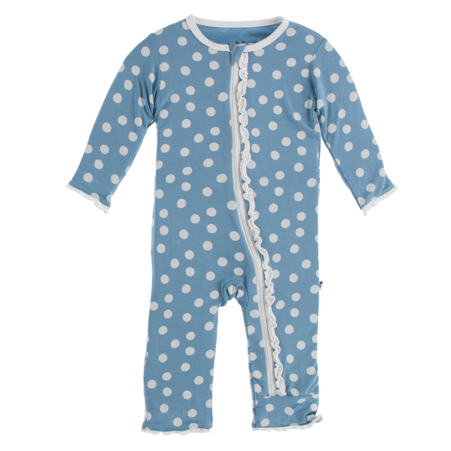 Print Muffin Ruffle Coverall with Zipper in Blue Moon Snowballs