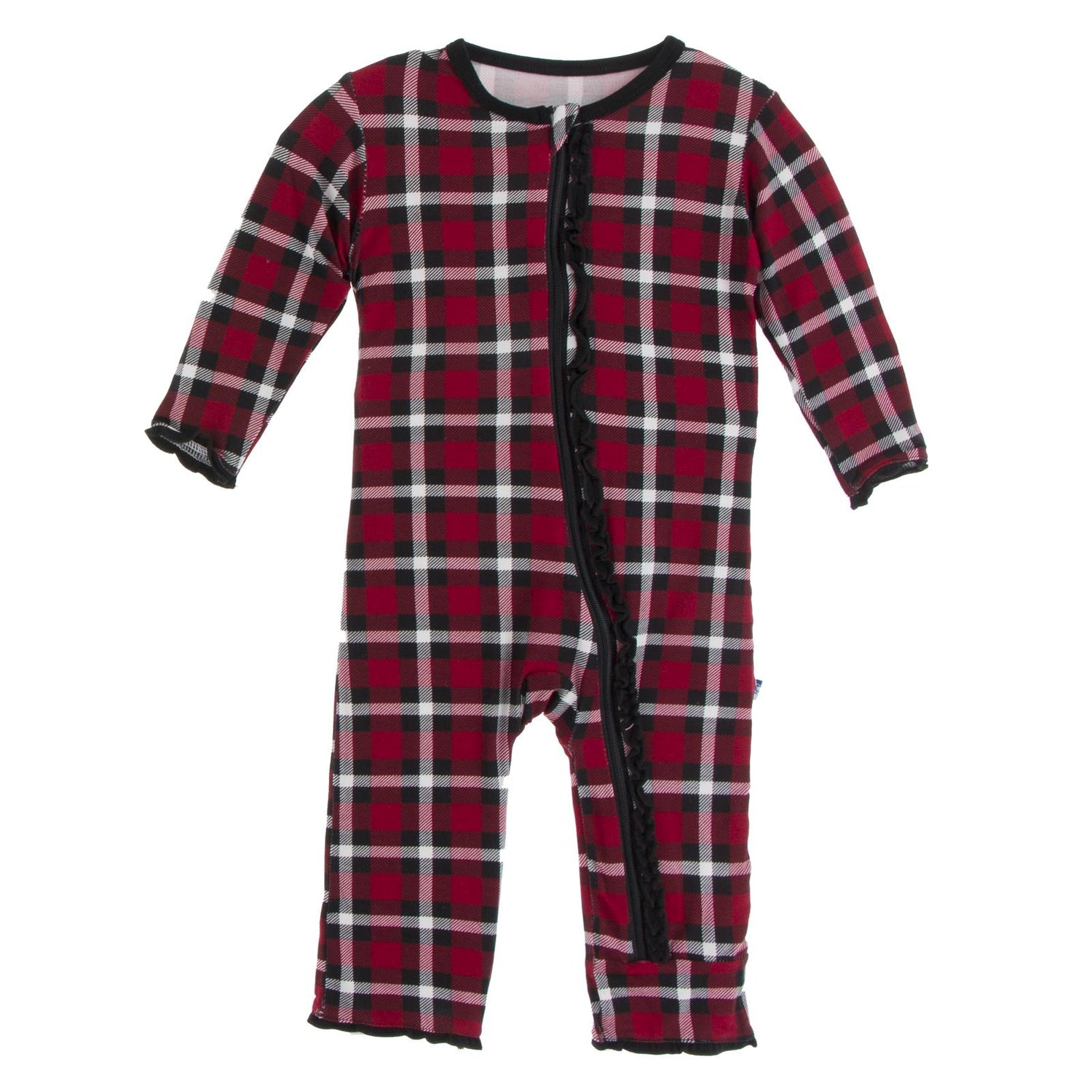 Print Muffin Ruffle Coverall with Zipper in Crimson Holiday Plaid